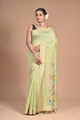 Meadow Bloom” – Light Green Handloom silk Saree with Jamdani Pallu