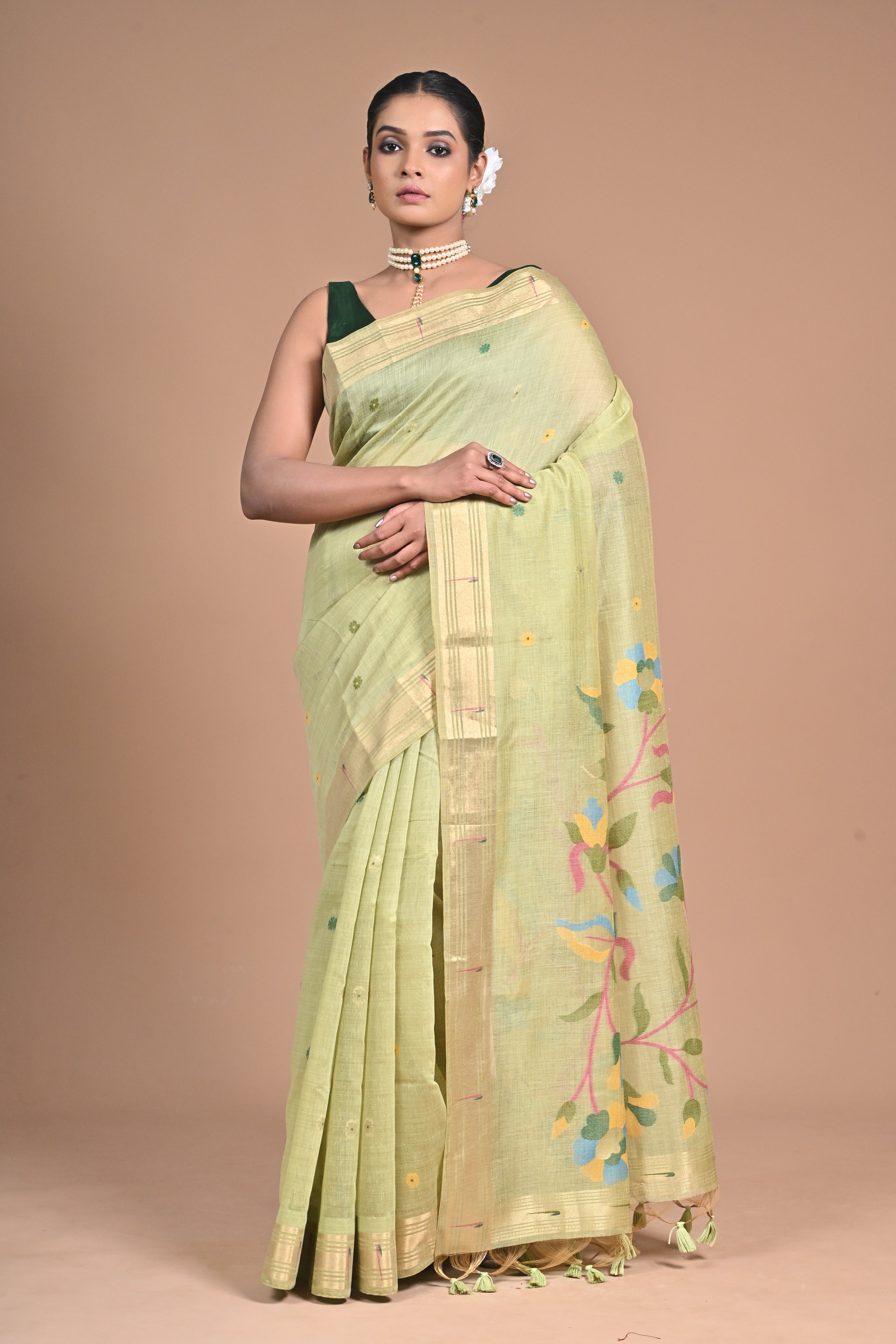 Meadow Bloom” – Light Green Handloom silk Saree with Jamdani Pallu
