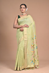 Meadow Bloom” – Light Green Handloom silk Saree with Jamdani Pallu