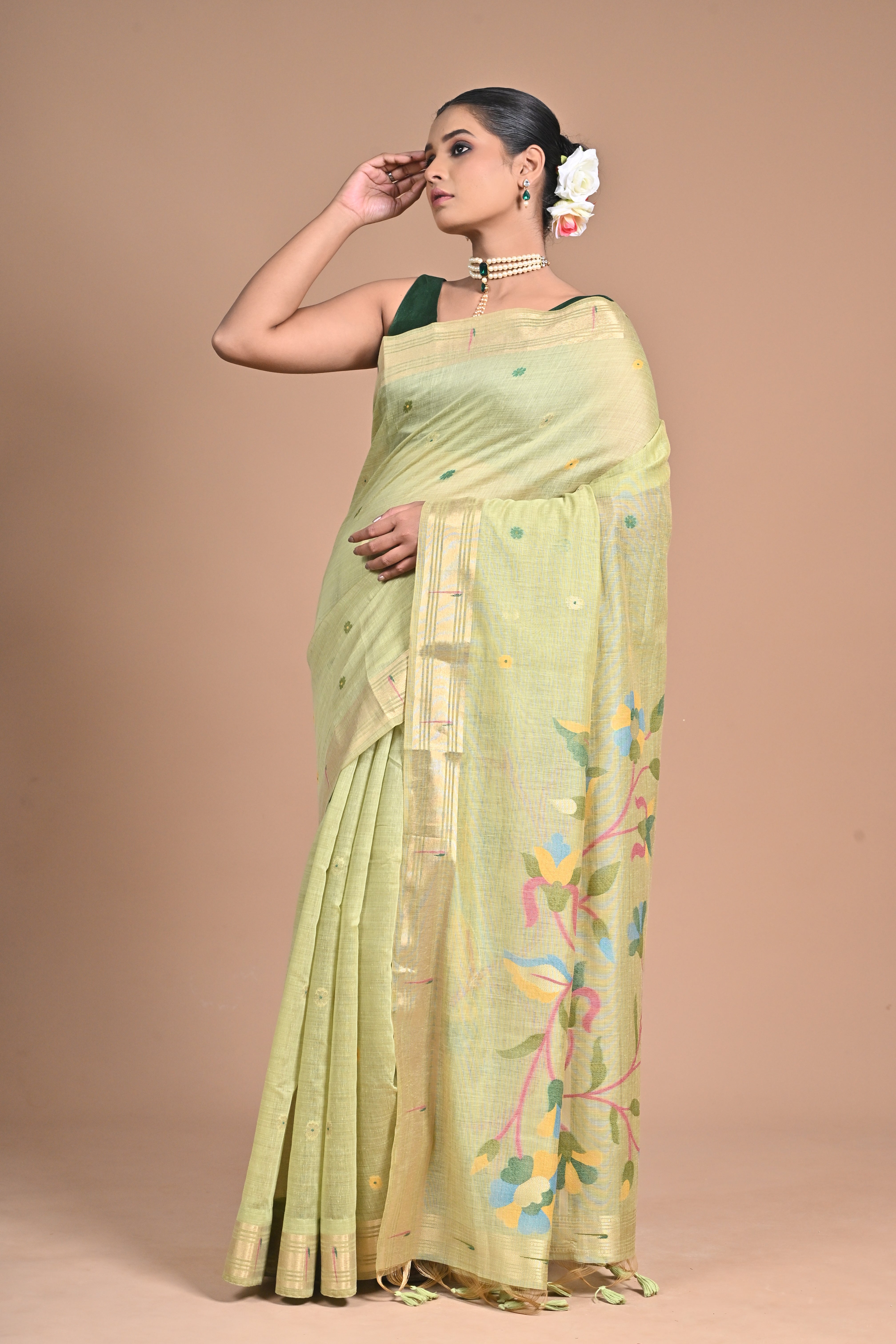 Meadow Bloom” – Light Green Handloom silk Saree with Jamdani Pallu