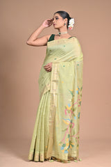 Meadow Bloom” – Light Green Handloom silk Saree with Jamdani Pallu