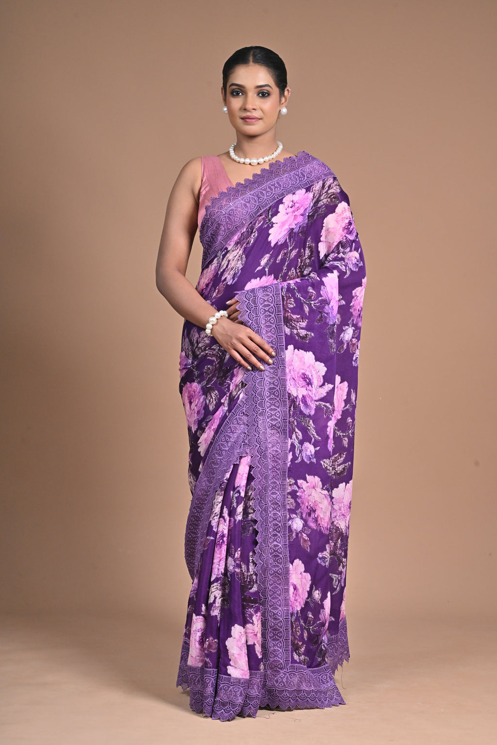 Royal Bloom – Purple Printed Saree with Embroidered Lace Border