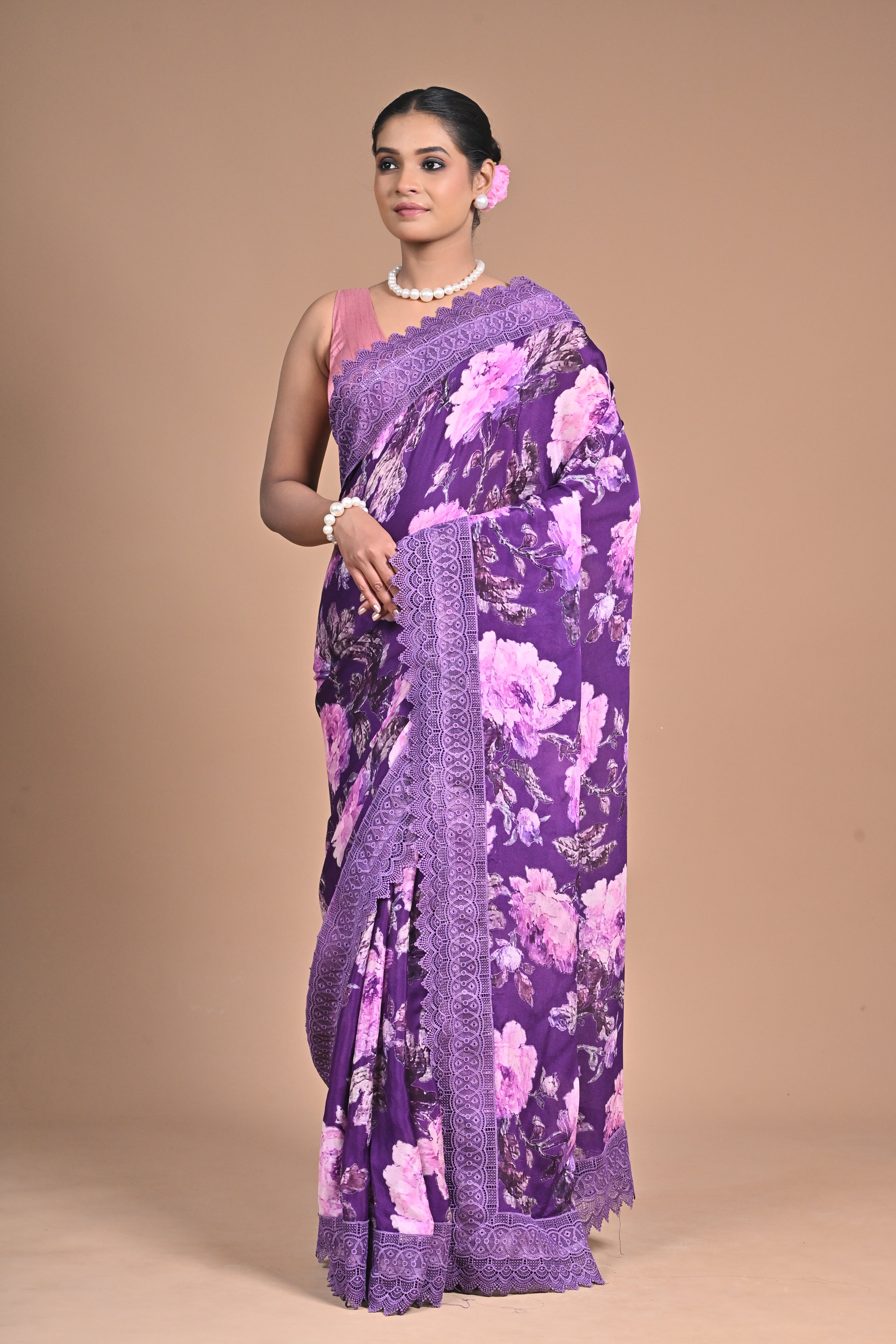 Royal Bloom – Purple Printed Saree with Embroidered Lace Border