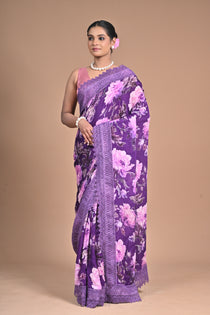 Royal Bloom – Purple Printed Saree with Embroidered Lace Border