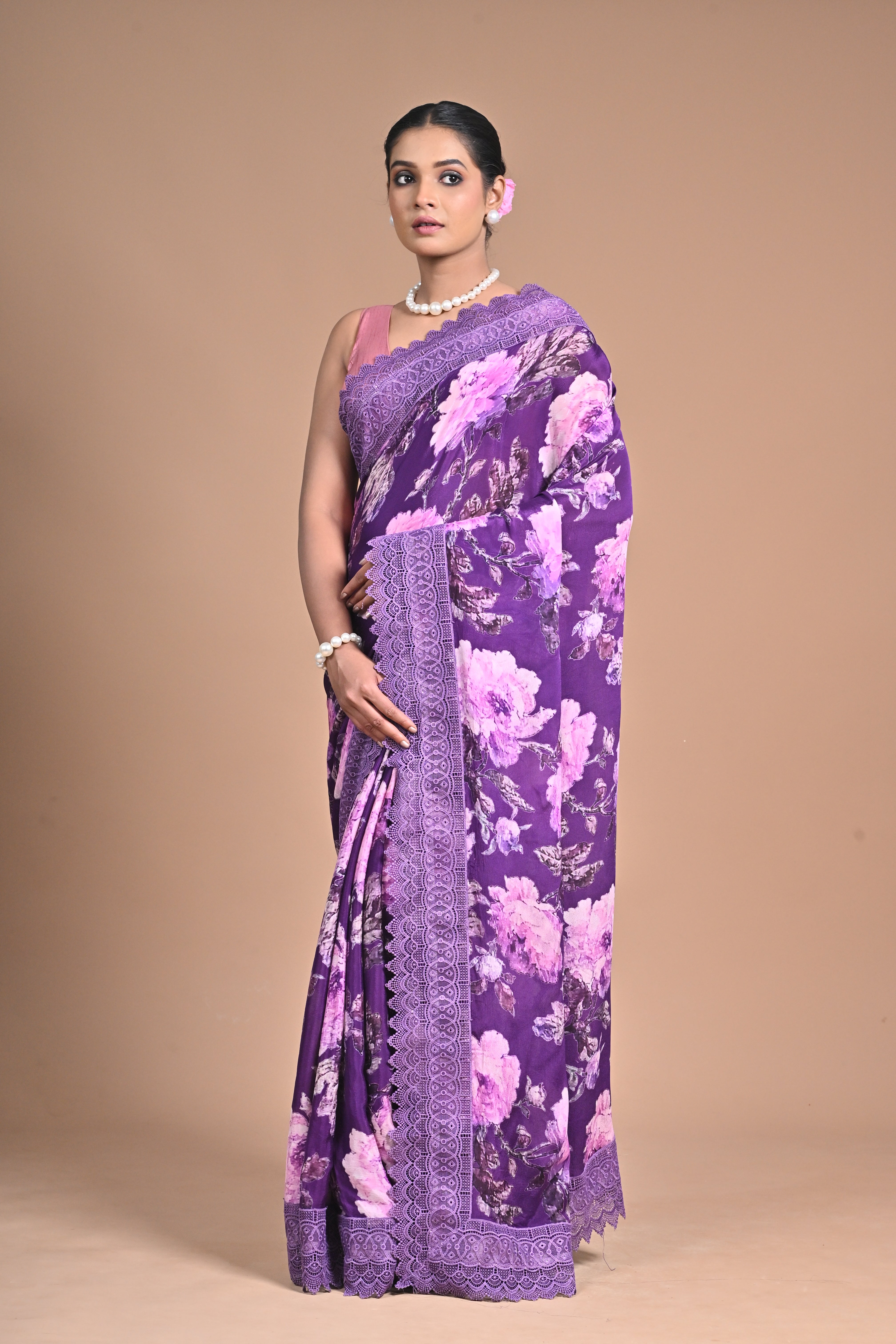 Royal Bloom – Purple Printed Saree with Embroidered Lace Border Secondary image