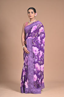 Royal Bloom – Purple Printed Saree with Embroidered Lace Border