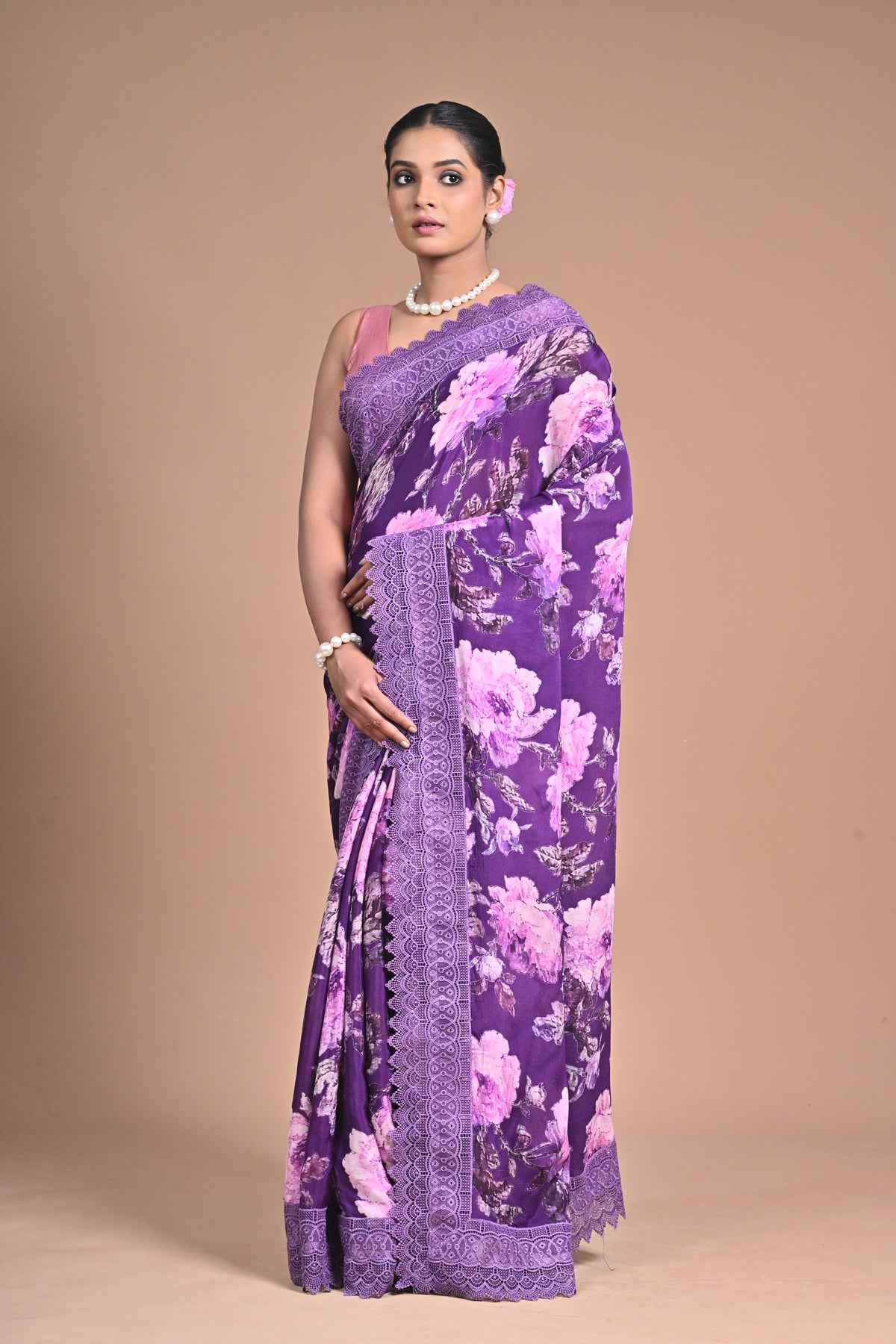 Royal Bloom – Purple Printed Saree with Embroidered Lace Border