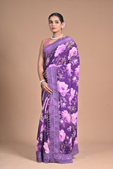Royal Bloom – Purple Printed Saree with Embroidered Lace Border