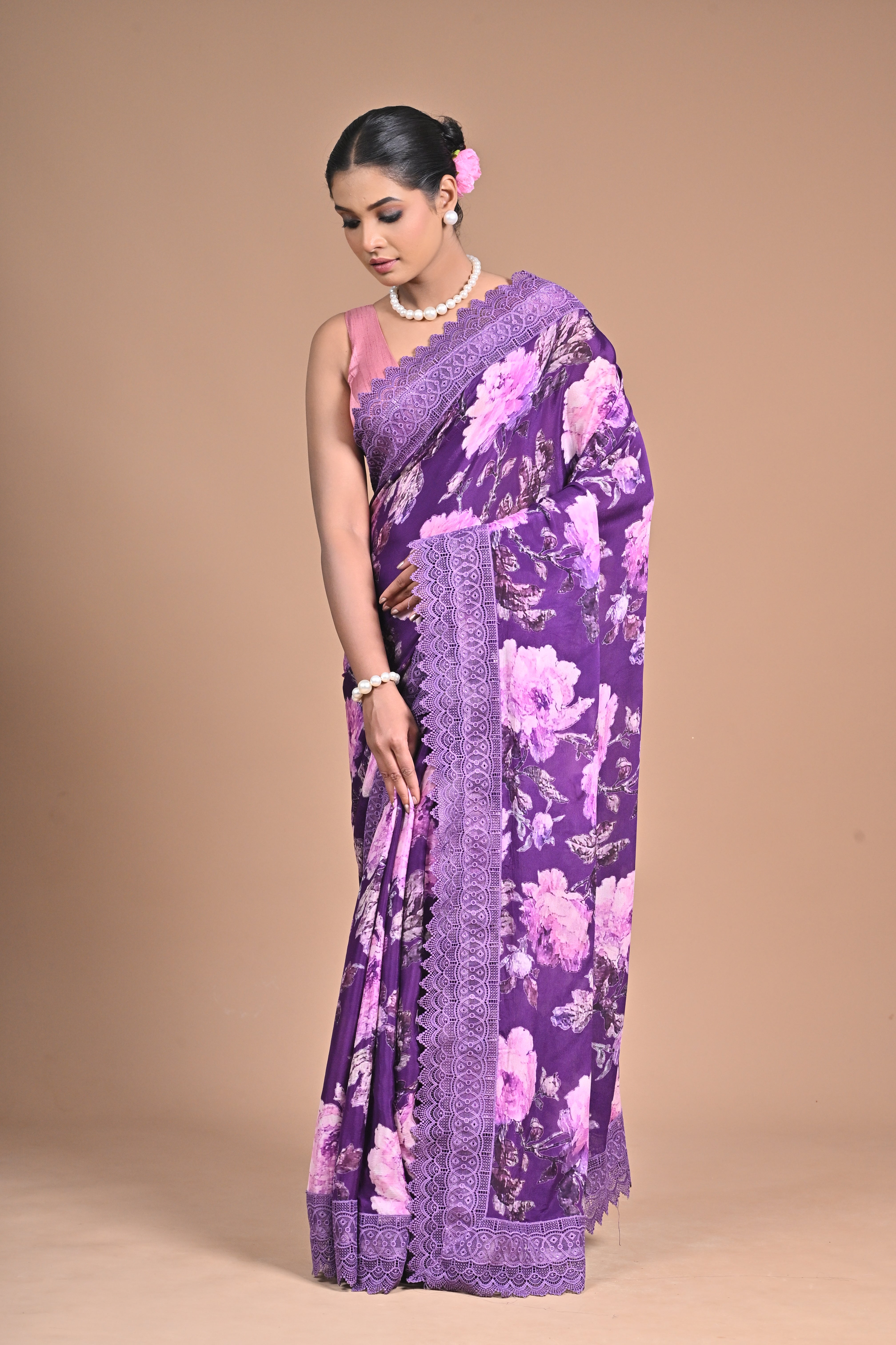Royal Bloom – Purple Printed Saree with Embroidered Lace Border