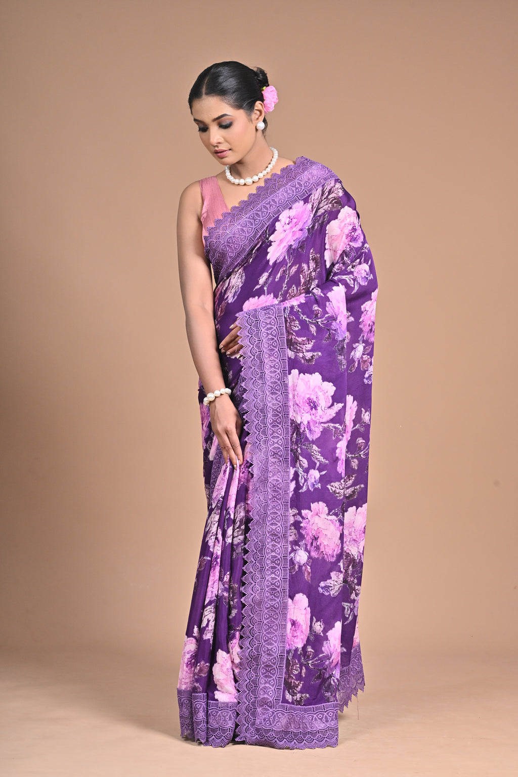 Royal Bloom – Purple Printed Saree with Embroidered Lace Border