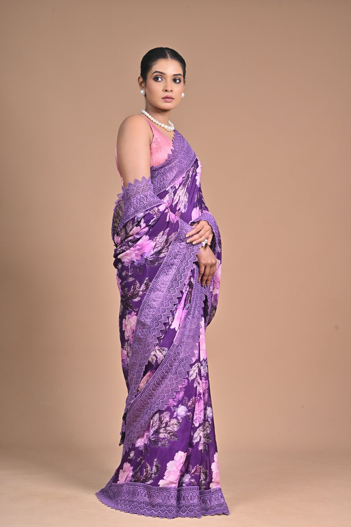 Royal Bloom – Purple Printed Saree with Embroidered Lace Border