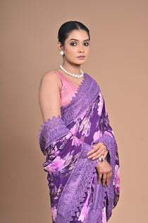 Royal Bloom – Purple Printed Saree with Embroidered Lace Border