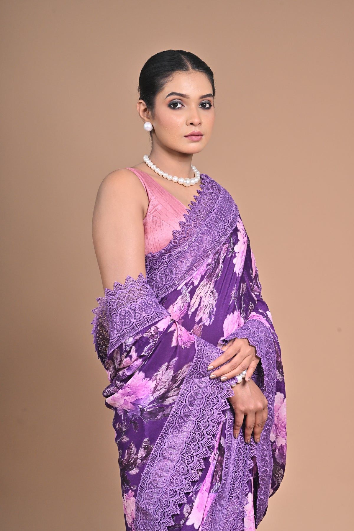 Royal Bloom – Purple Printed Saree with Embroidered Lace Border