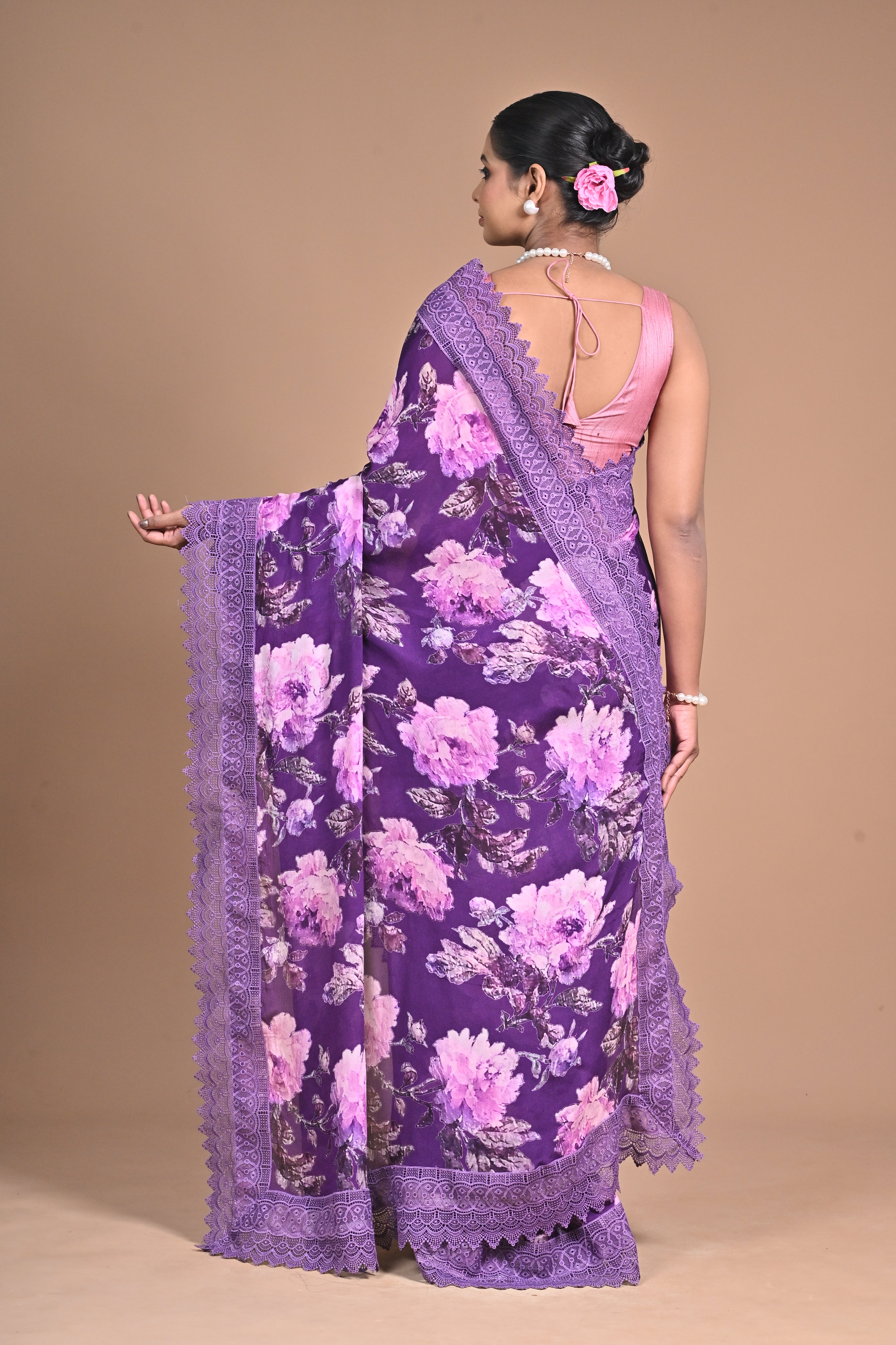 Royal Bloom – Purple Printed Saree with Embroidered Lace Border