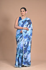 Bloom in Elegance – Printed Chinon Saree with Hand Embroidery