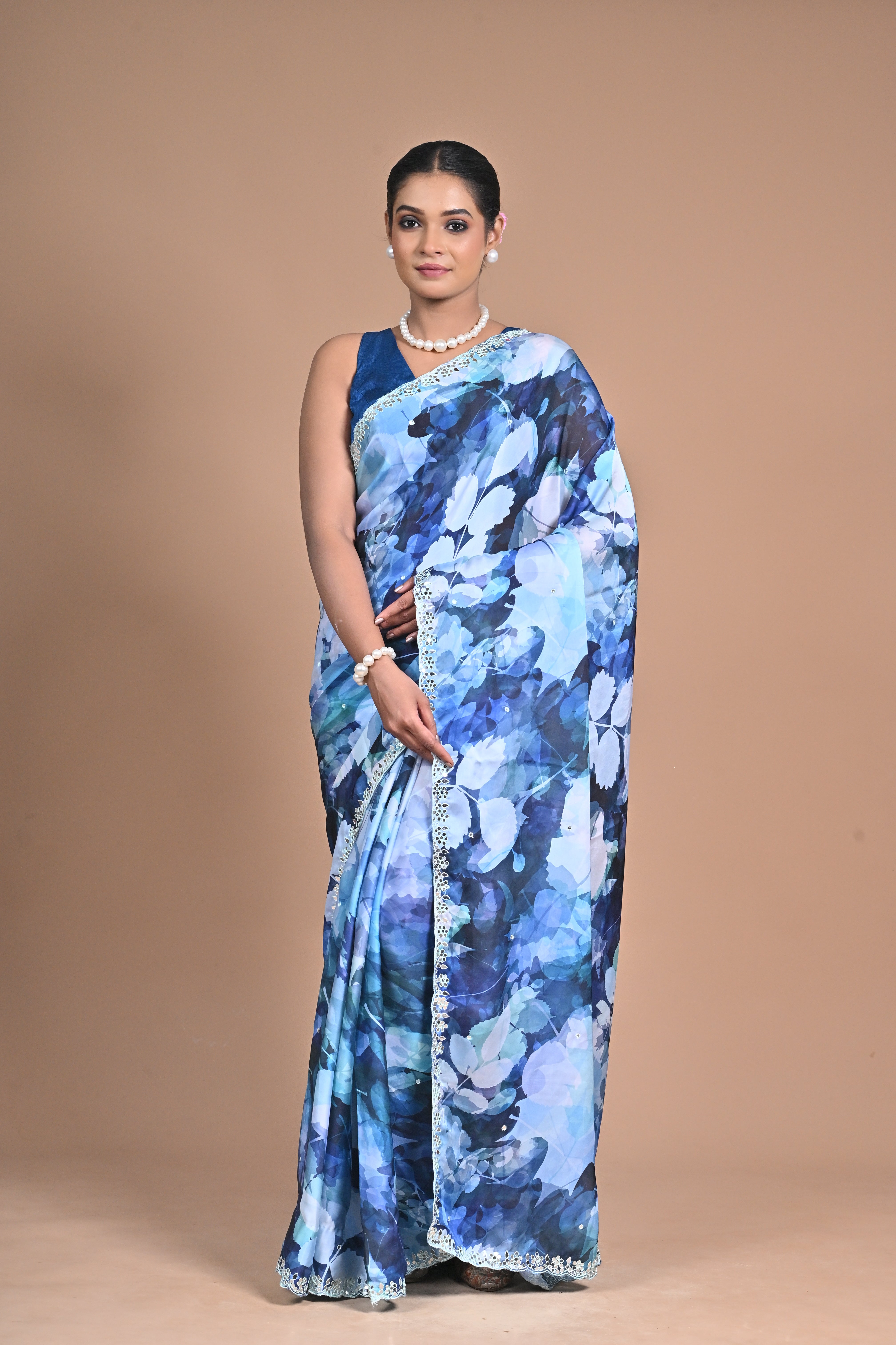 Bloom in Elegance – Printed Chinon Saree with Hand Embroidery
