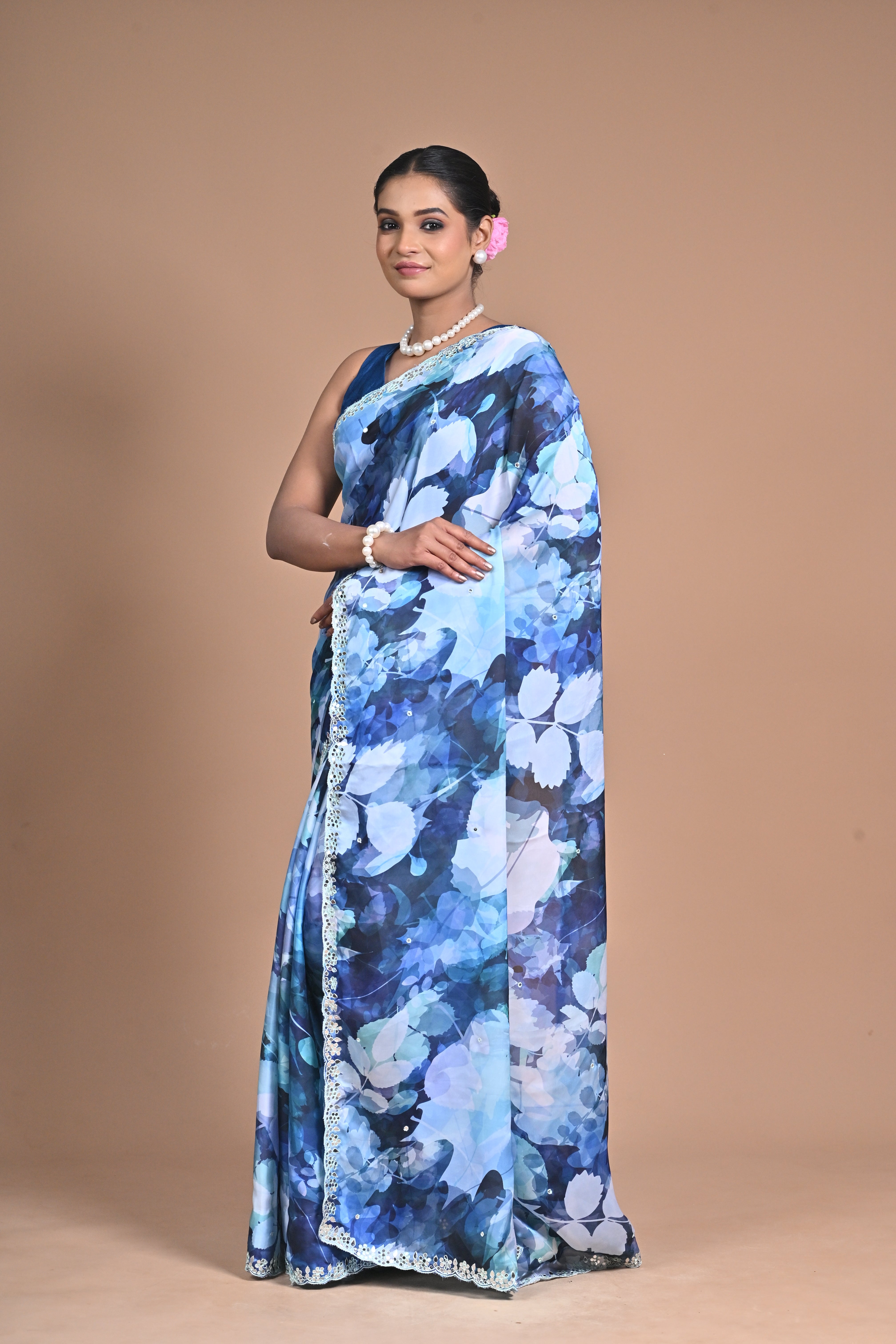 Bloom in Elegance – Printed Chinon Saree with Hand Embroidery