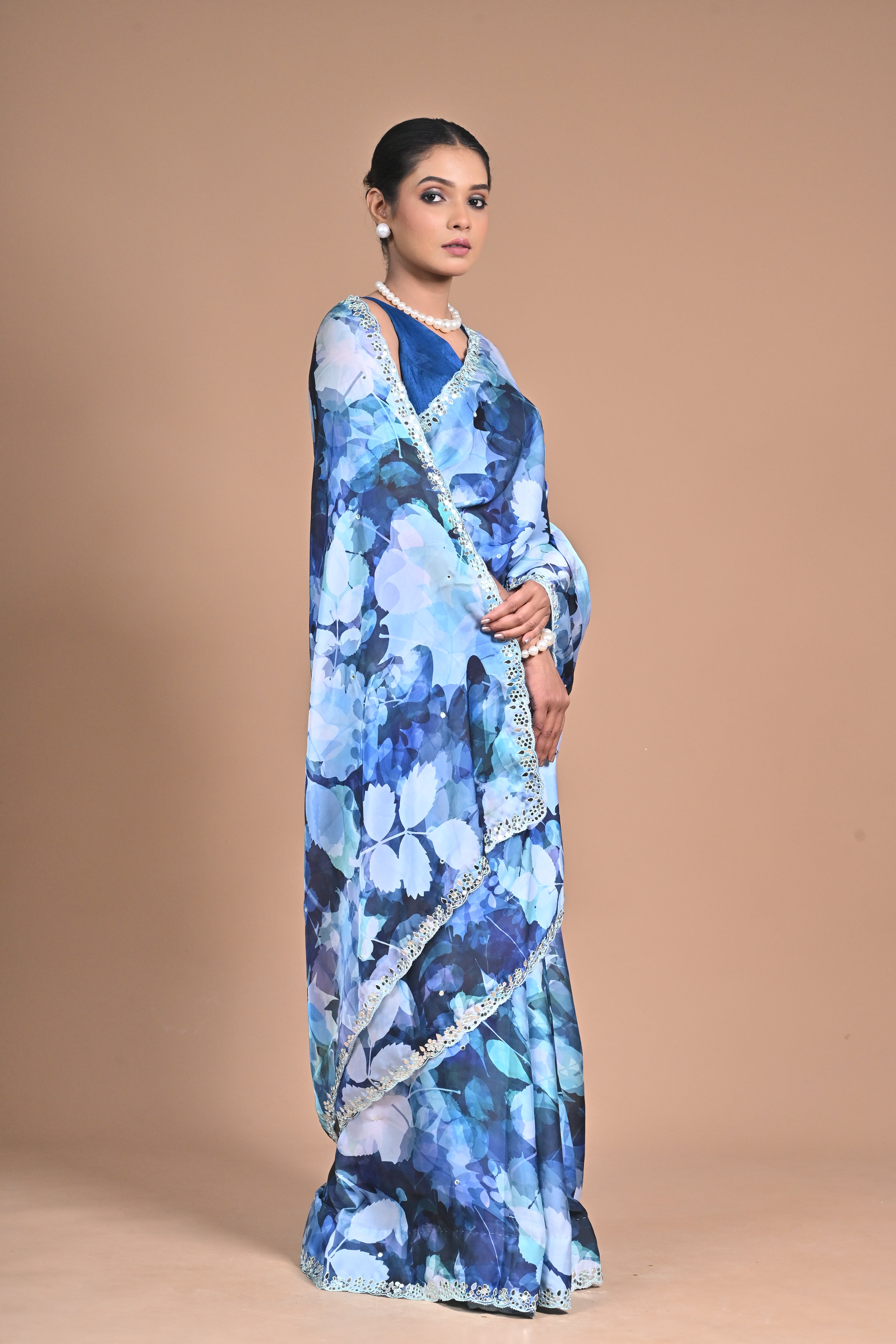 Bloom in Elegance – Printed Chinon Saree with Hand Embroidery
