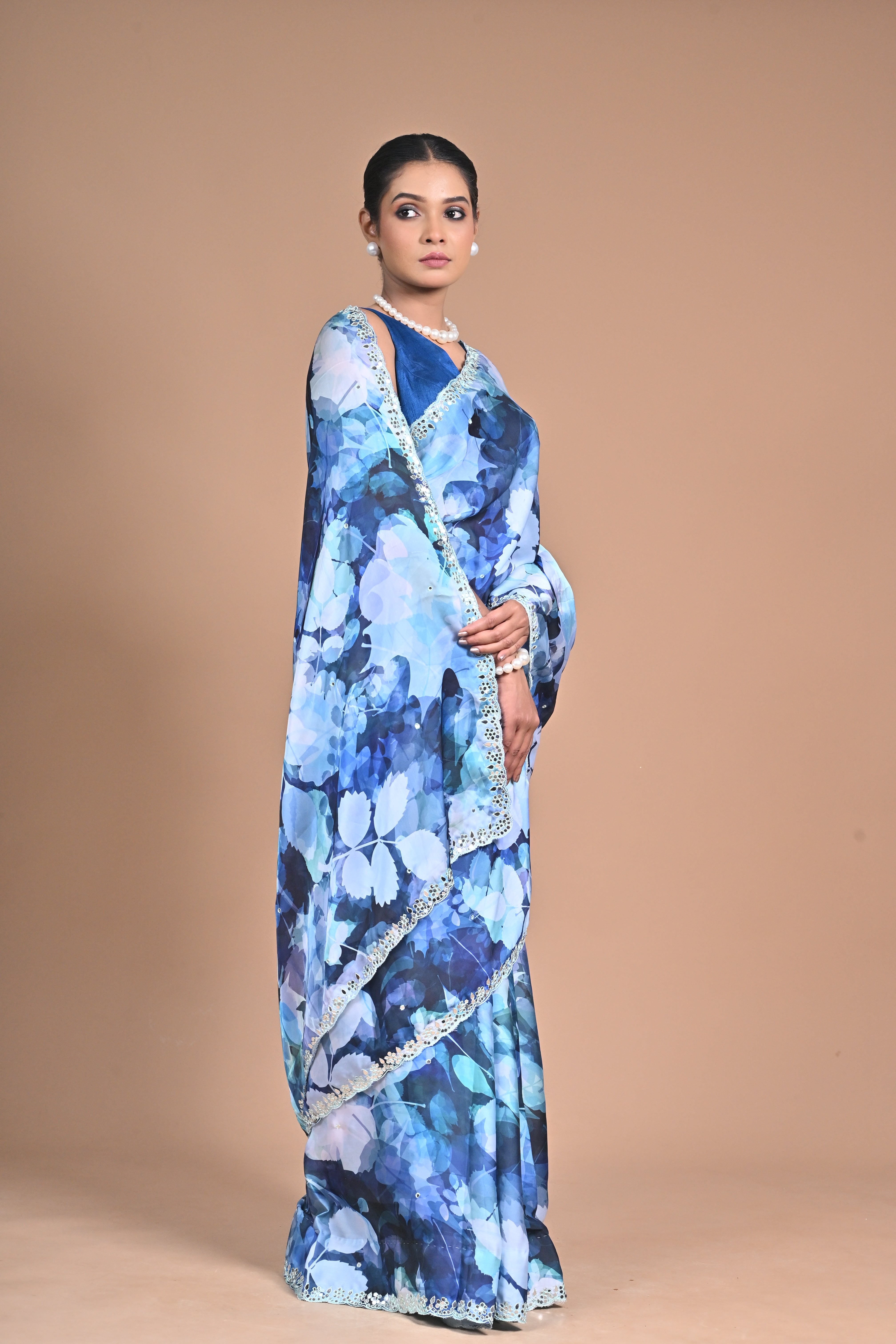 Bloom in Elegance – Printed Chinon Saree with Hand Embroidery