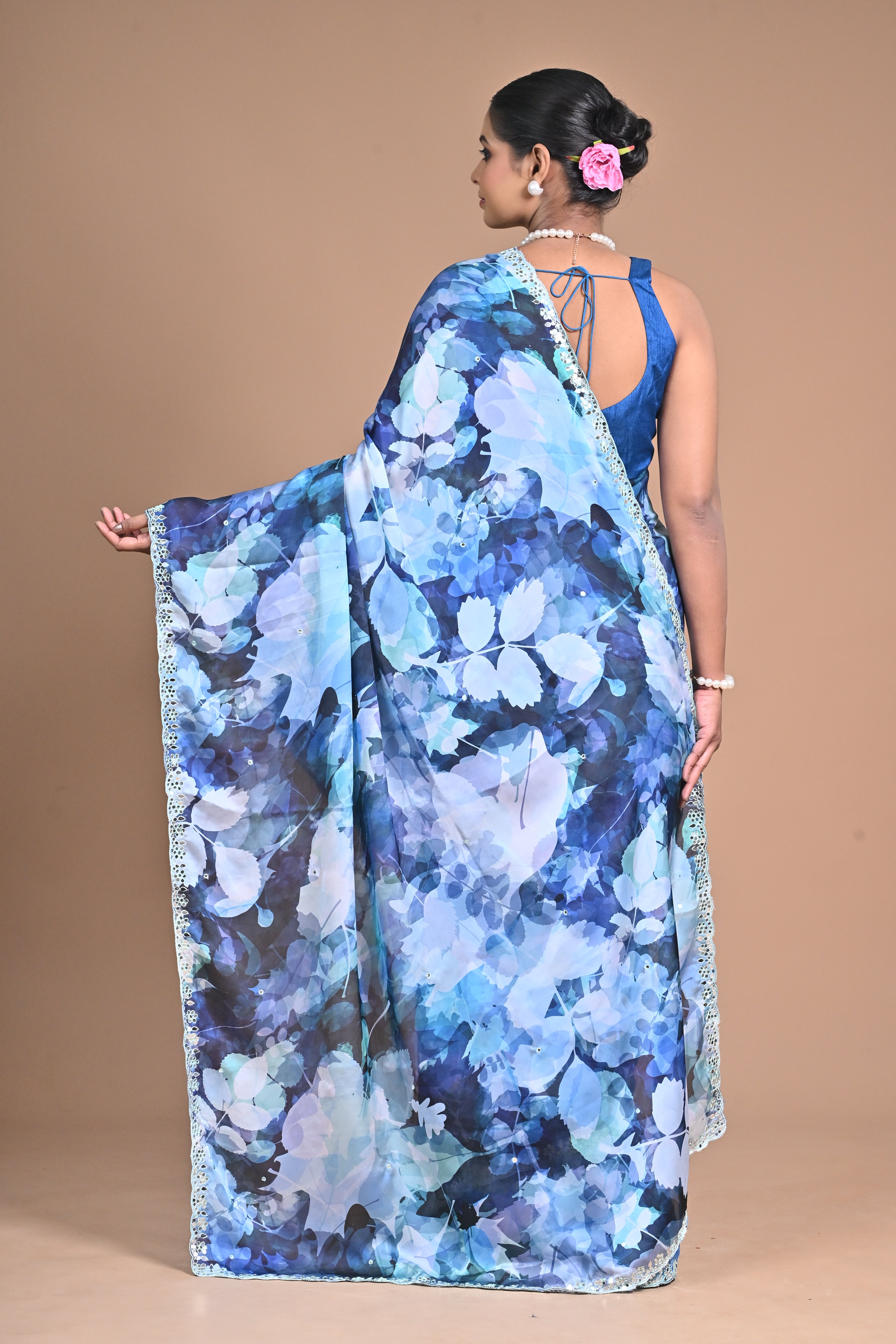 Bloom in Elegance – Printed Chinon Saree with Hand Embroidery
