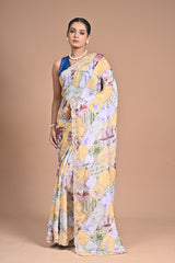Floral Crepe chinon with mirror work border