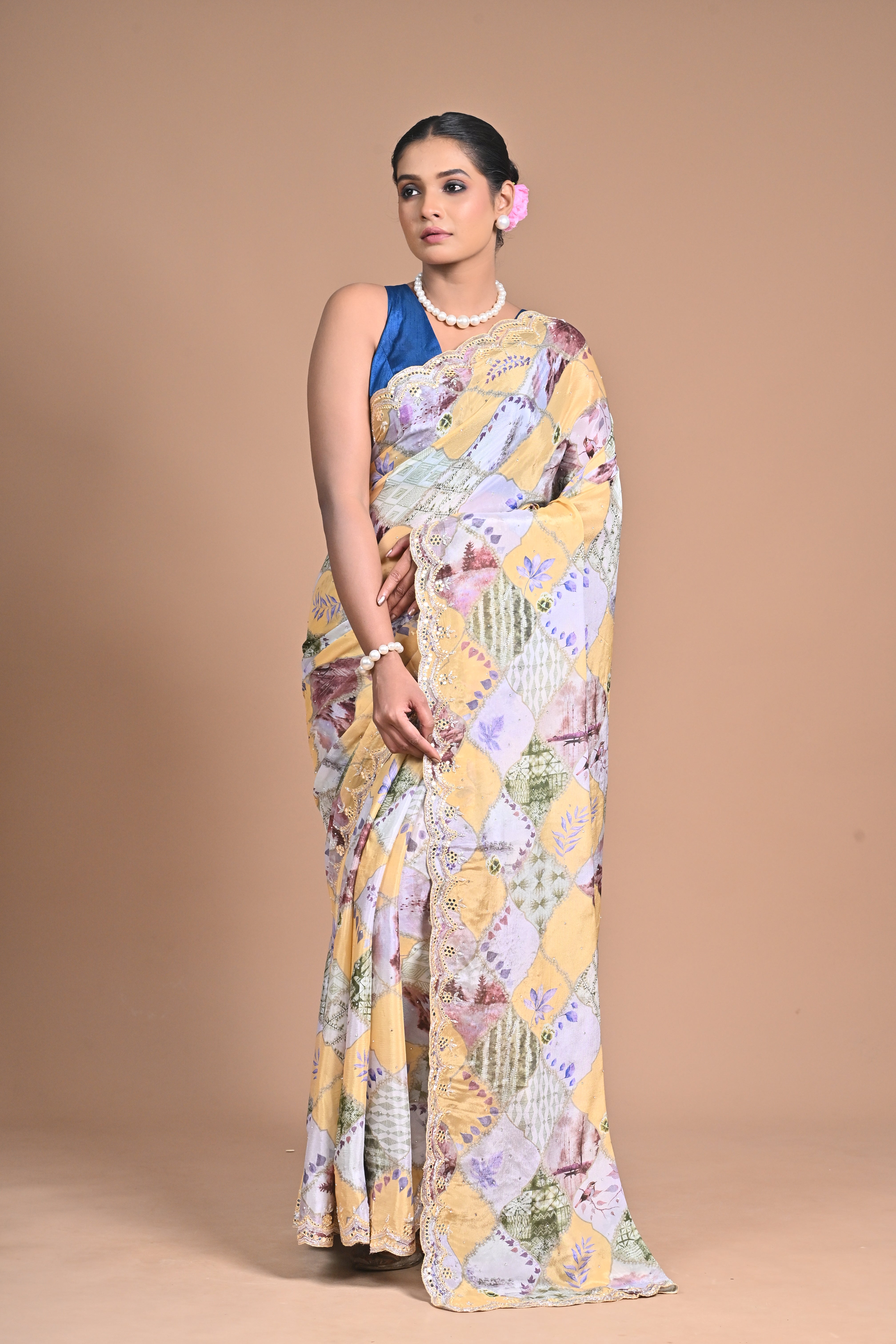 Floral Crepe chinon with mirror work border