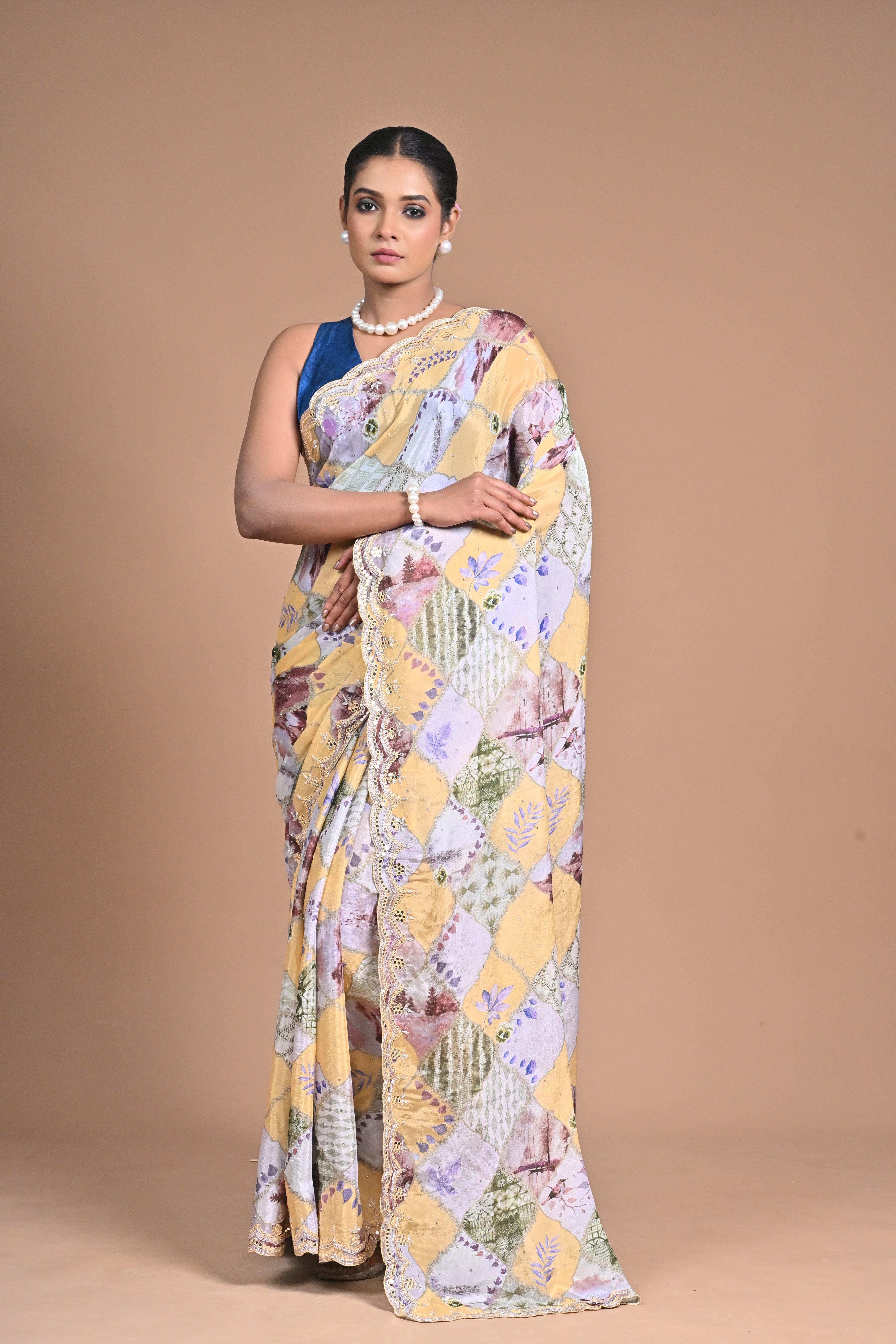 Floral Crepe chinon with mirror work border