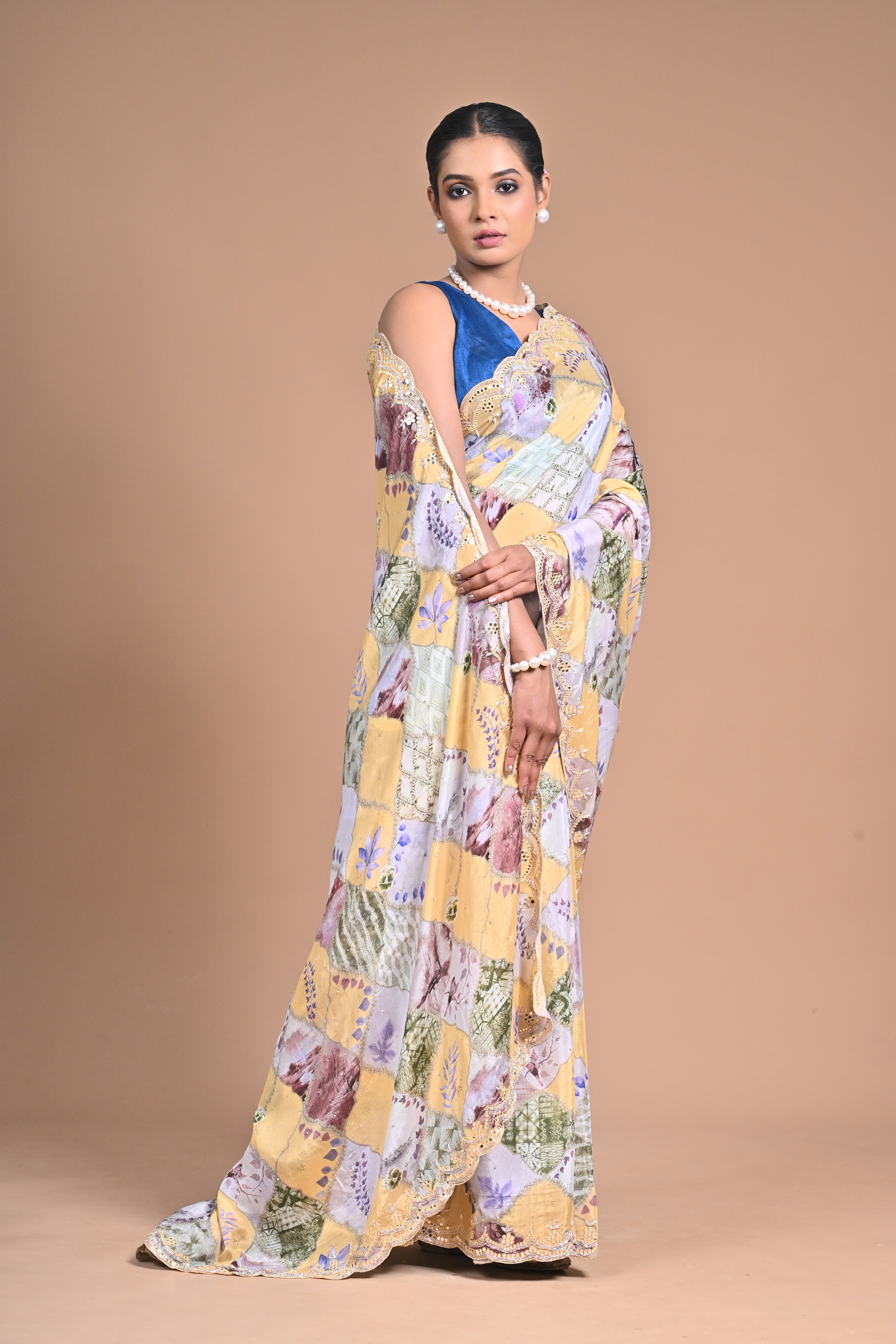 Floral Crepe chinon with mirror work border