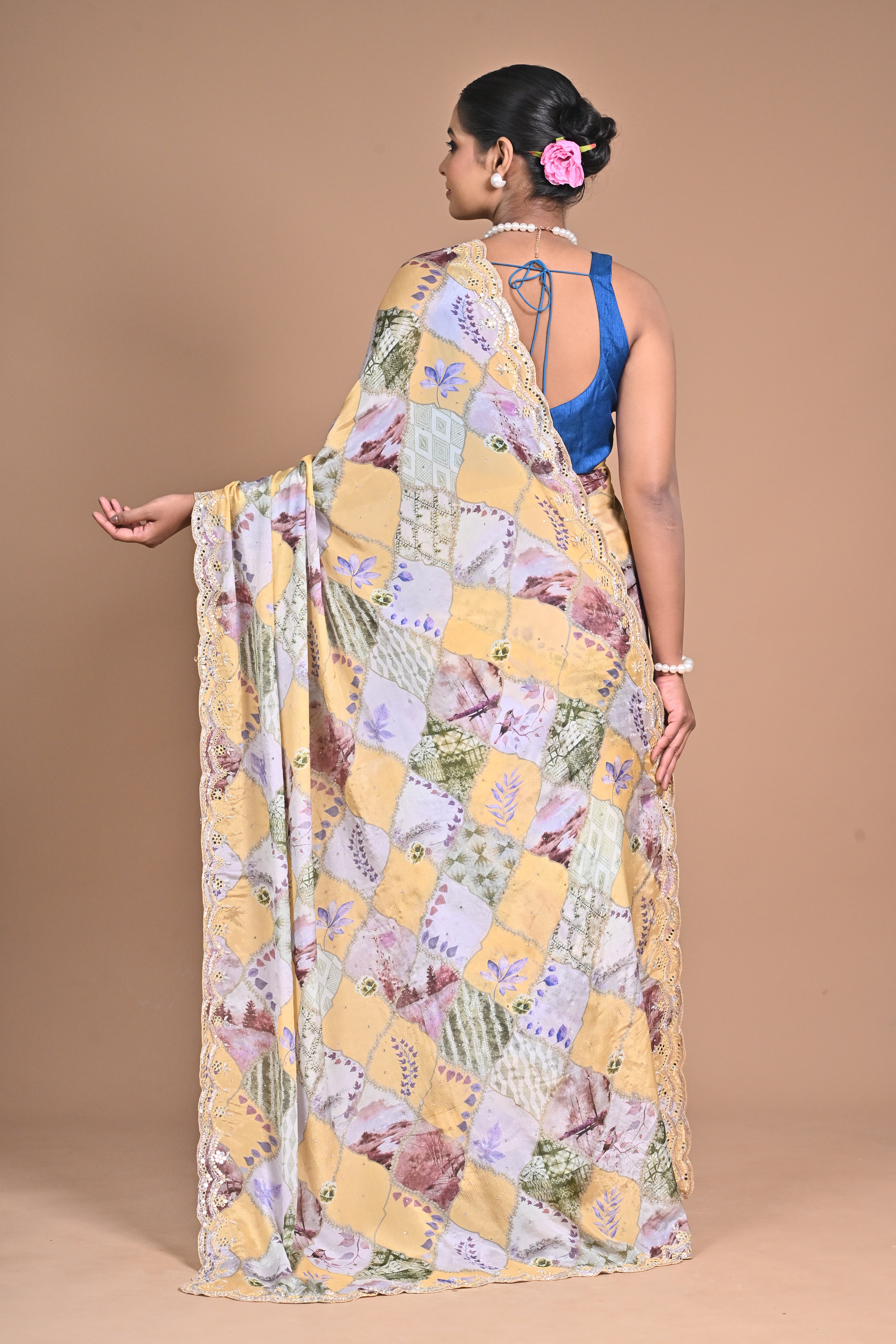 Floral Crepe chinon with mirror work border