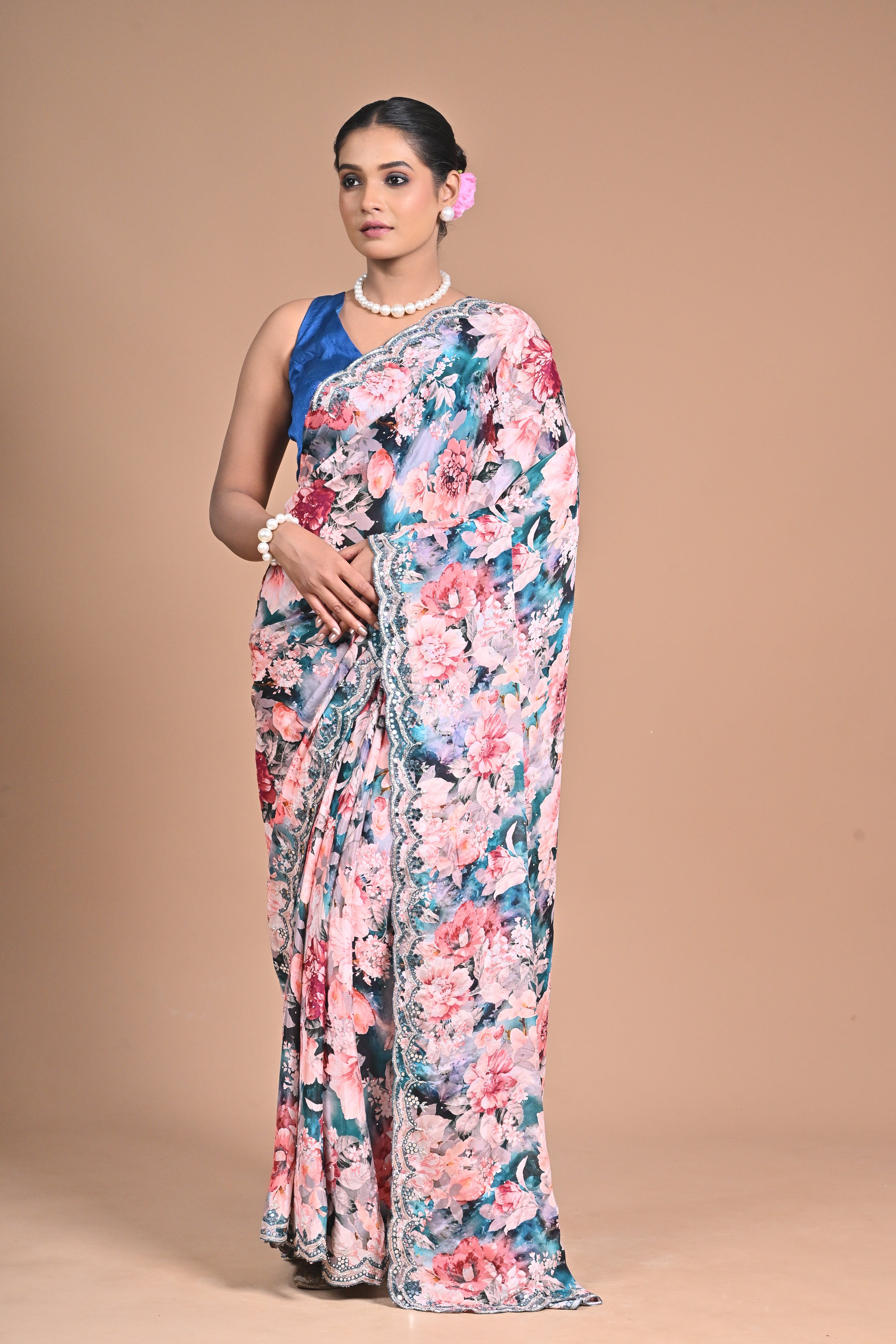 Printed Chinon Saree with Hand Embroidery – A Bloom of Elegance