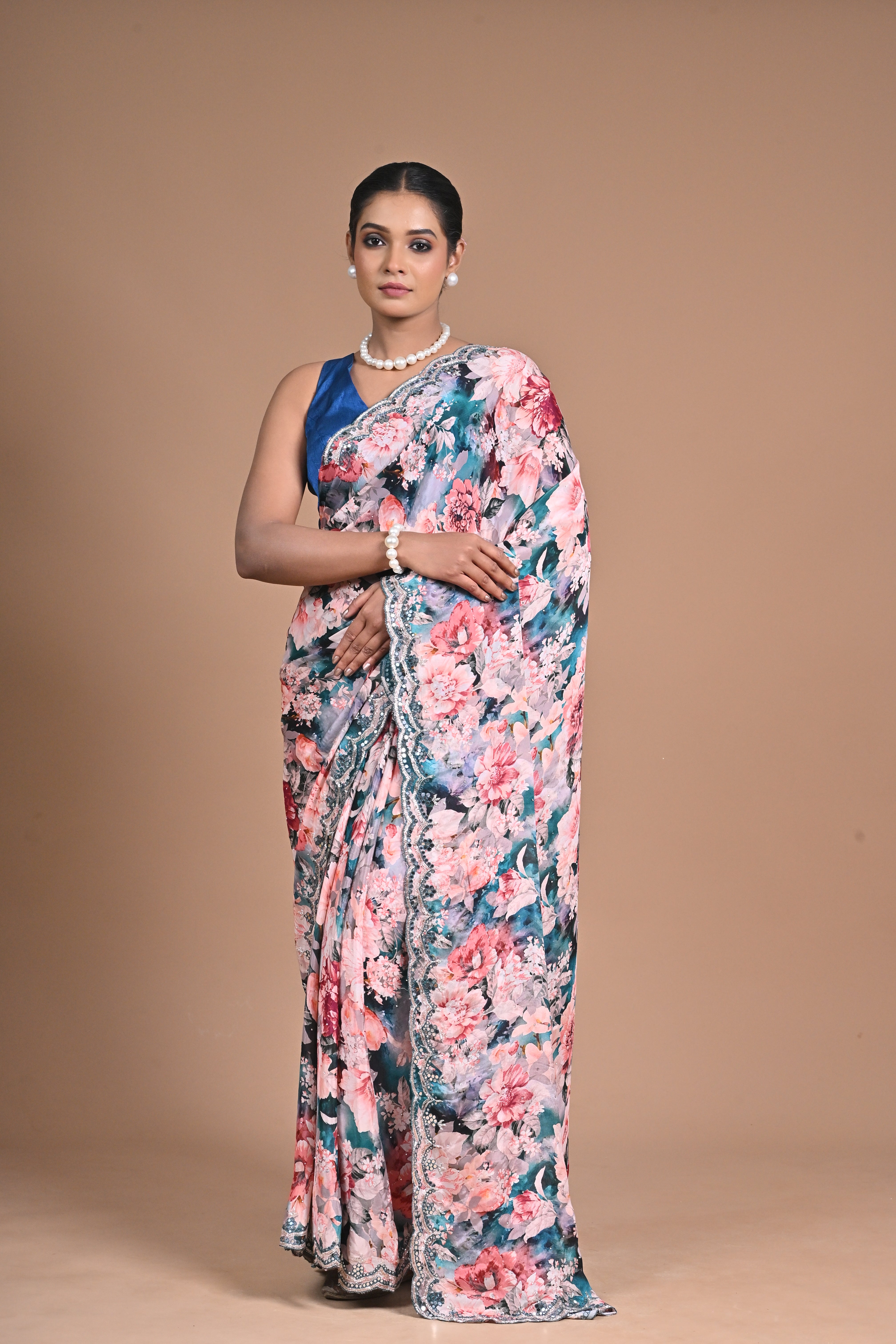 Printed Chinon Saree with Hand Embroidery – A Bloom of Elegance
