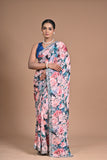 Printed Chinon Saree with Hand Embroidery – A Bloom of Elegance
