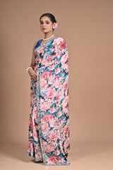 Printed Chinon Saree with Hand Embroidery – A Bloom of Elegance