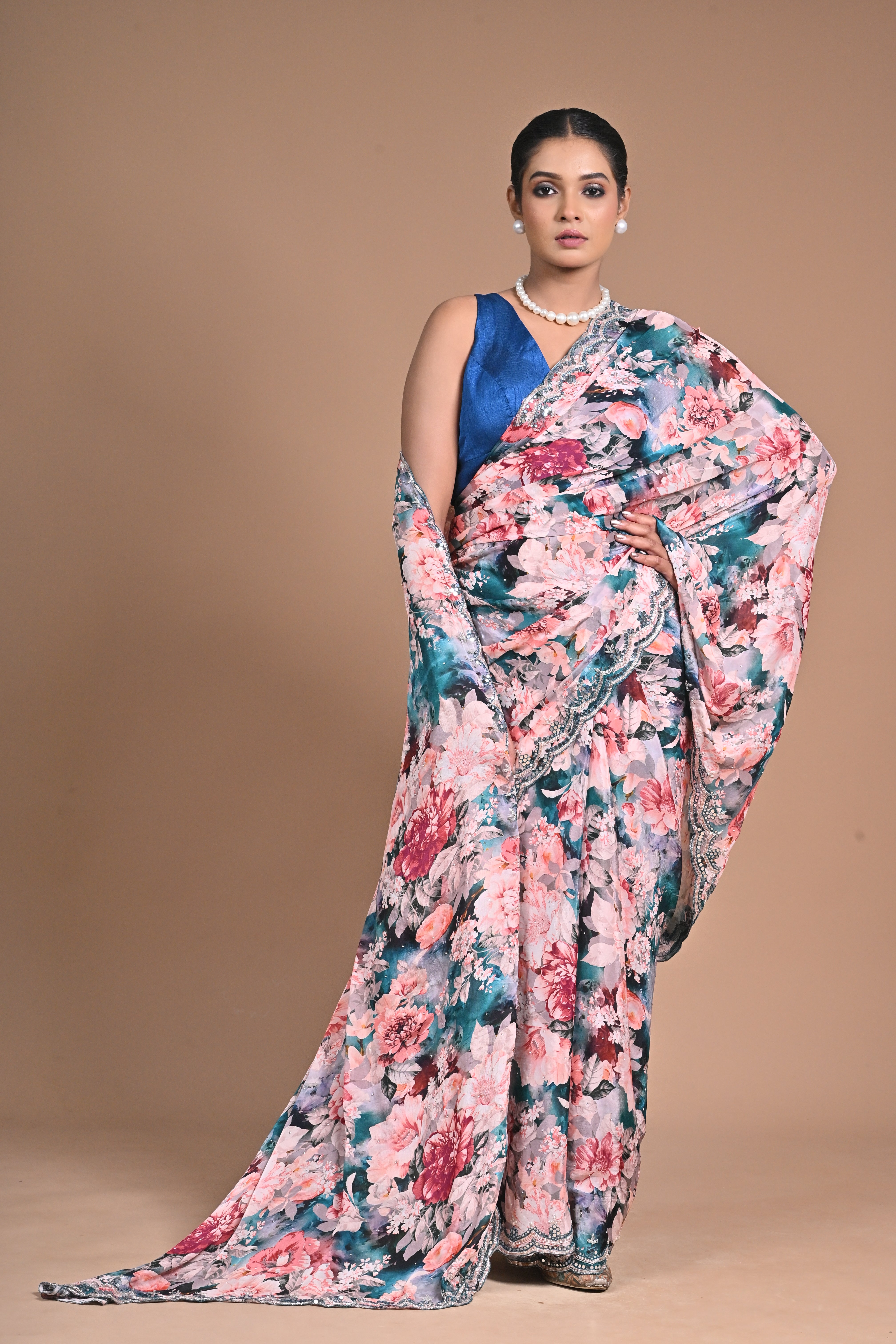 Printed Chinon Saree with Hand Embroidery – A Bloom of Elegance