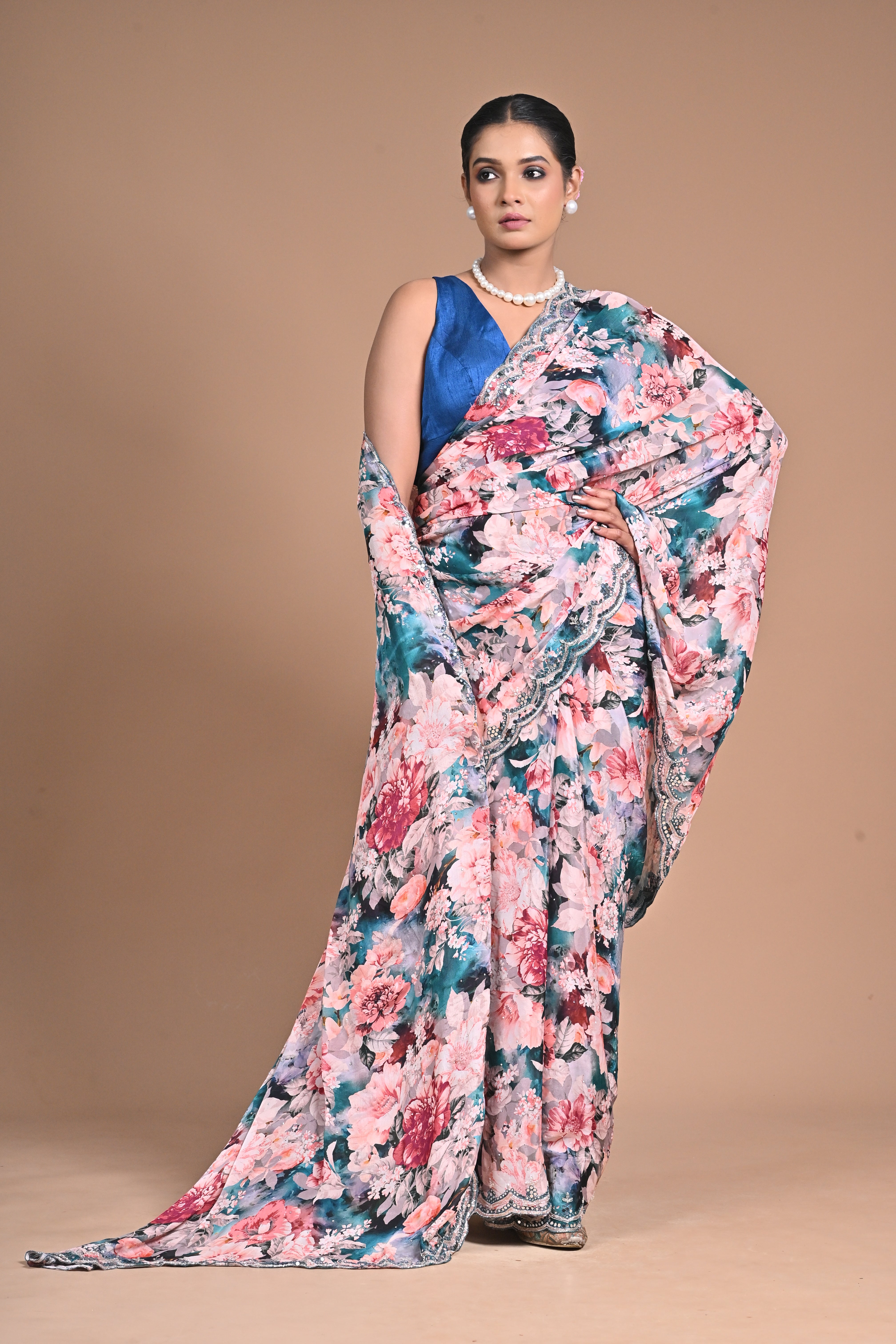 Printed Chinon Saree with Hand Embroidery – A Bloom of Elegance