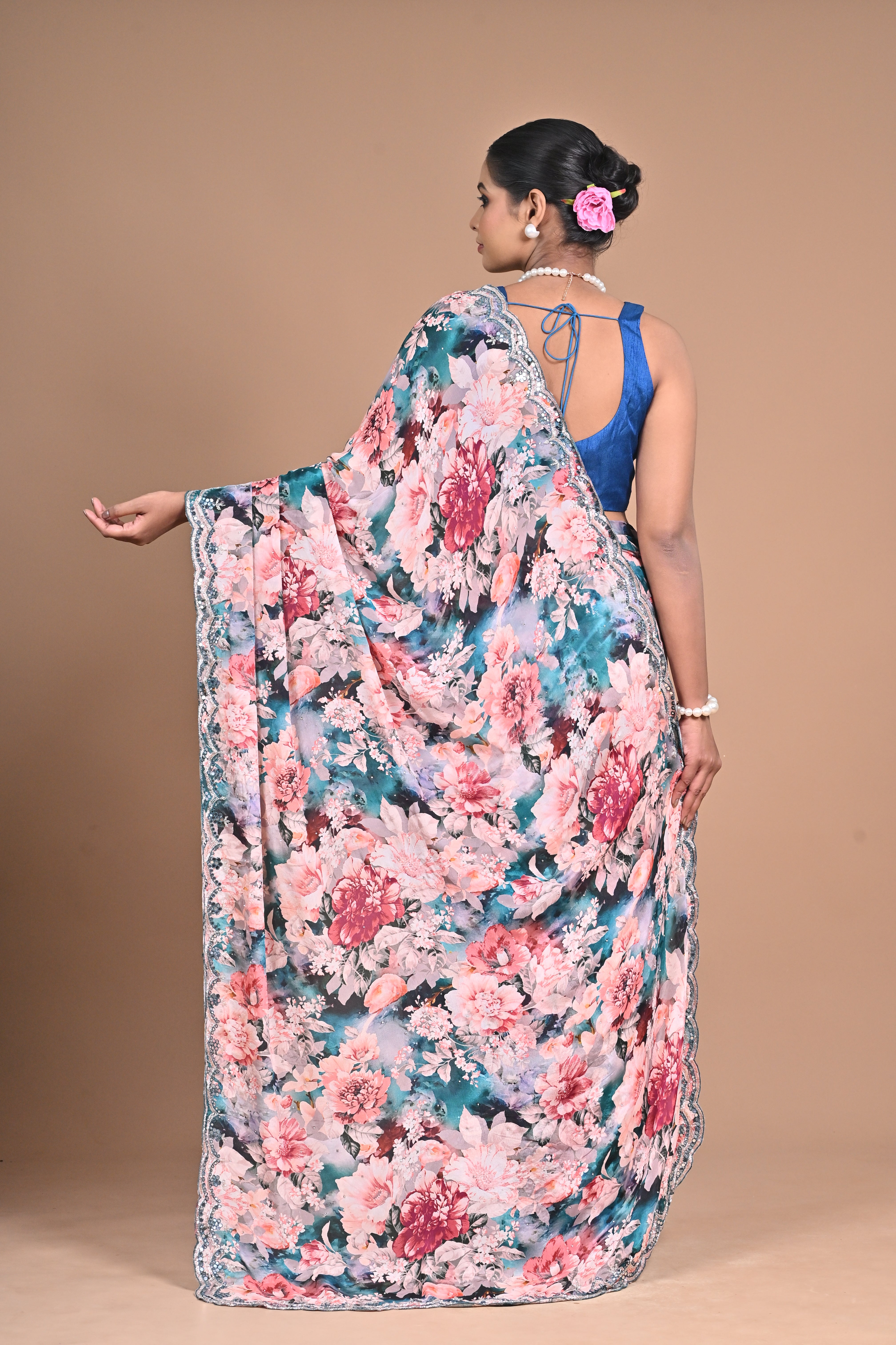Printed Chinon Saree with Hand Embroidery – A Bloom of Elegance