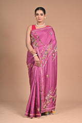 Royal Orchid Hand-Embroidered Tussar Silk Saree