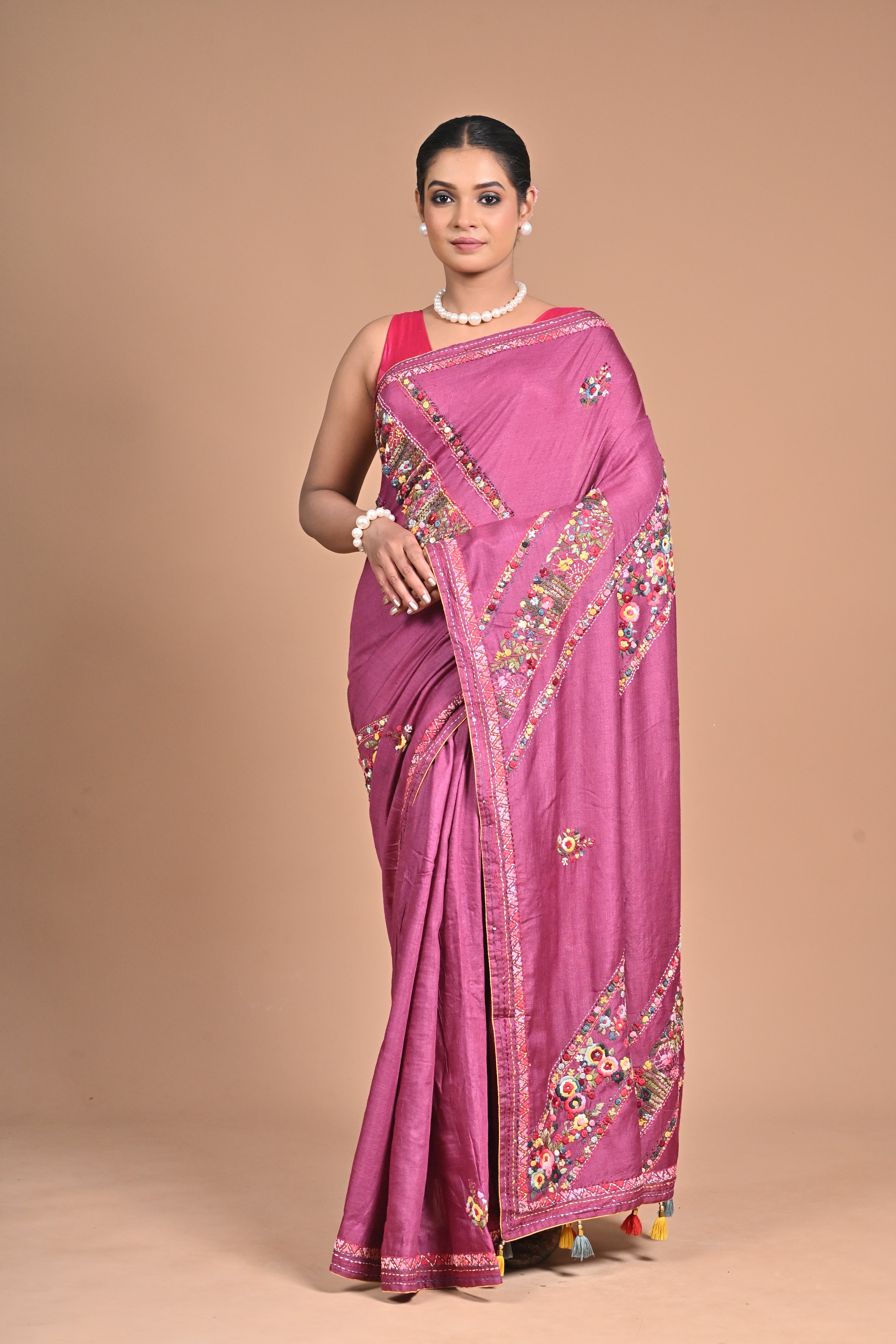 Royal Orchid Hand-Embroidered Tussar Silk Saree