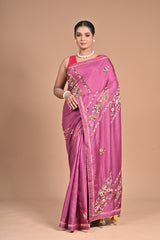 Royal Orchid Hand-Embroidered Tussar Silk Saree
