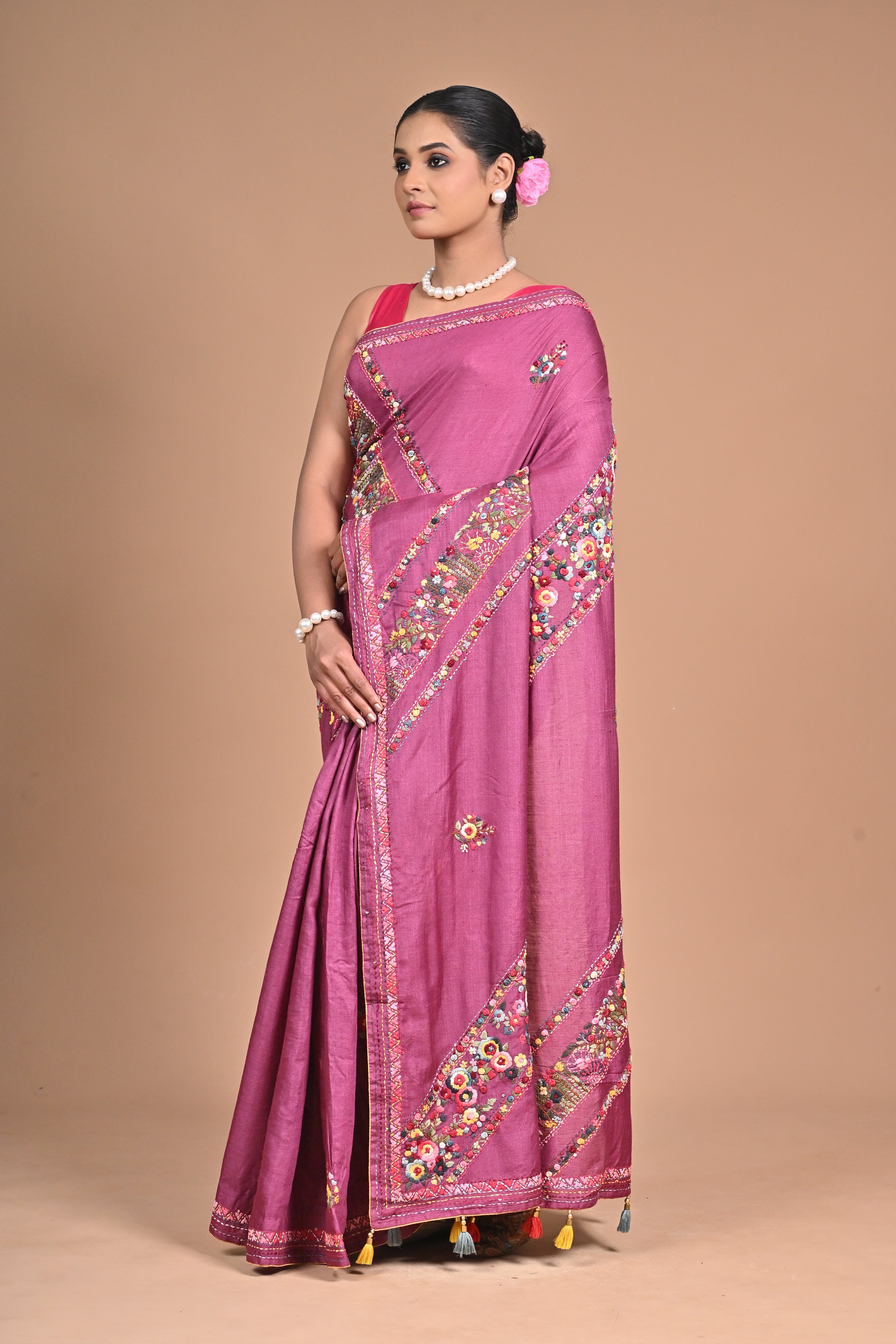Royal Orchid Hand-Embroidered Tussar Silk Saree