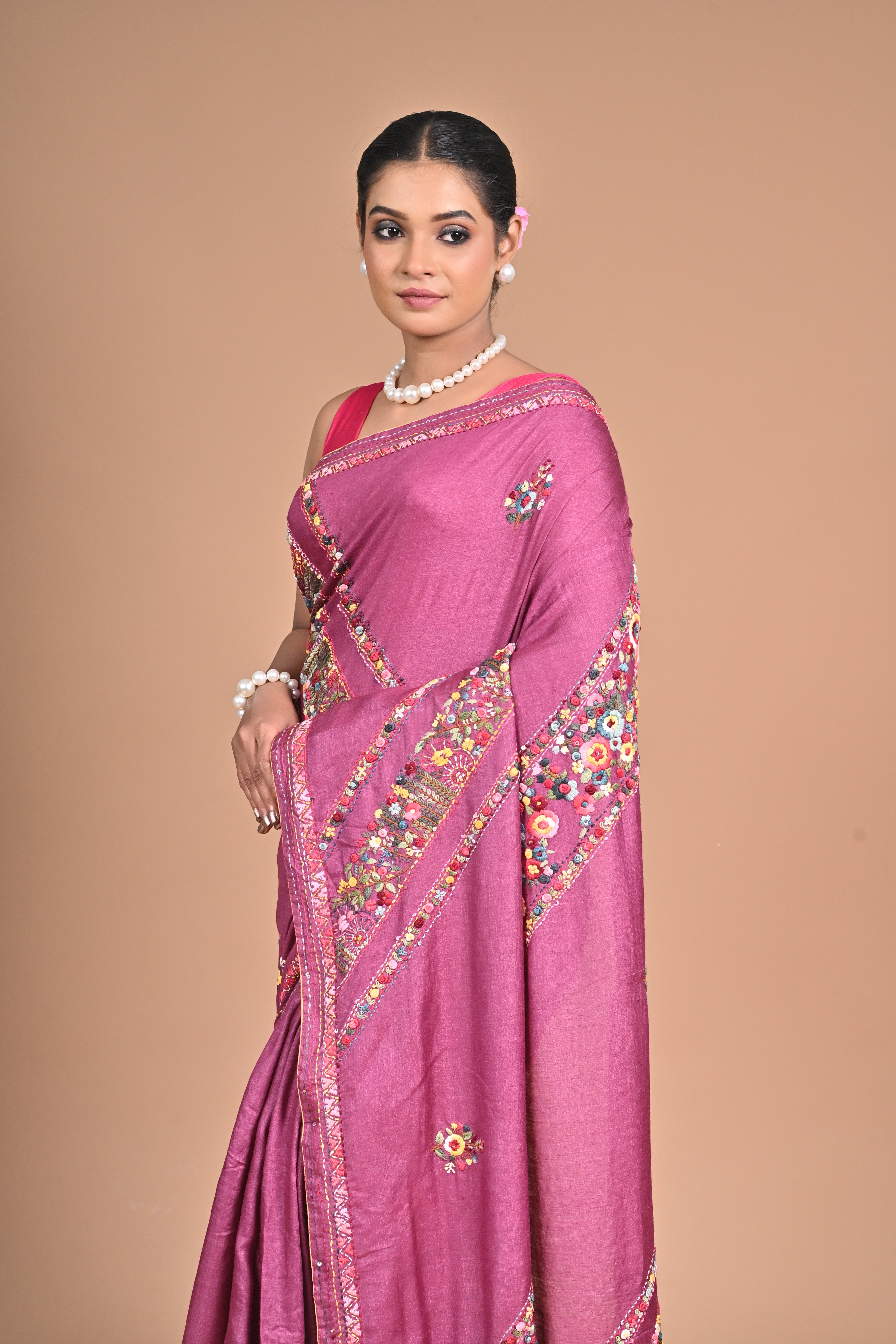 Royal Orchid Hand-Embroidered Tussar Silk Saree