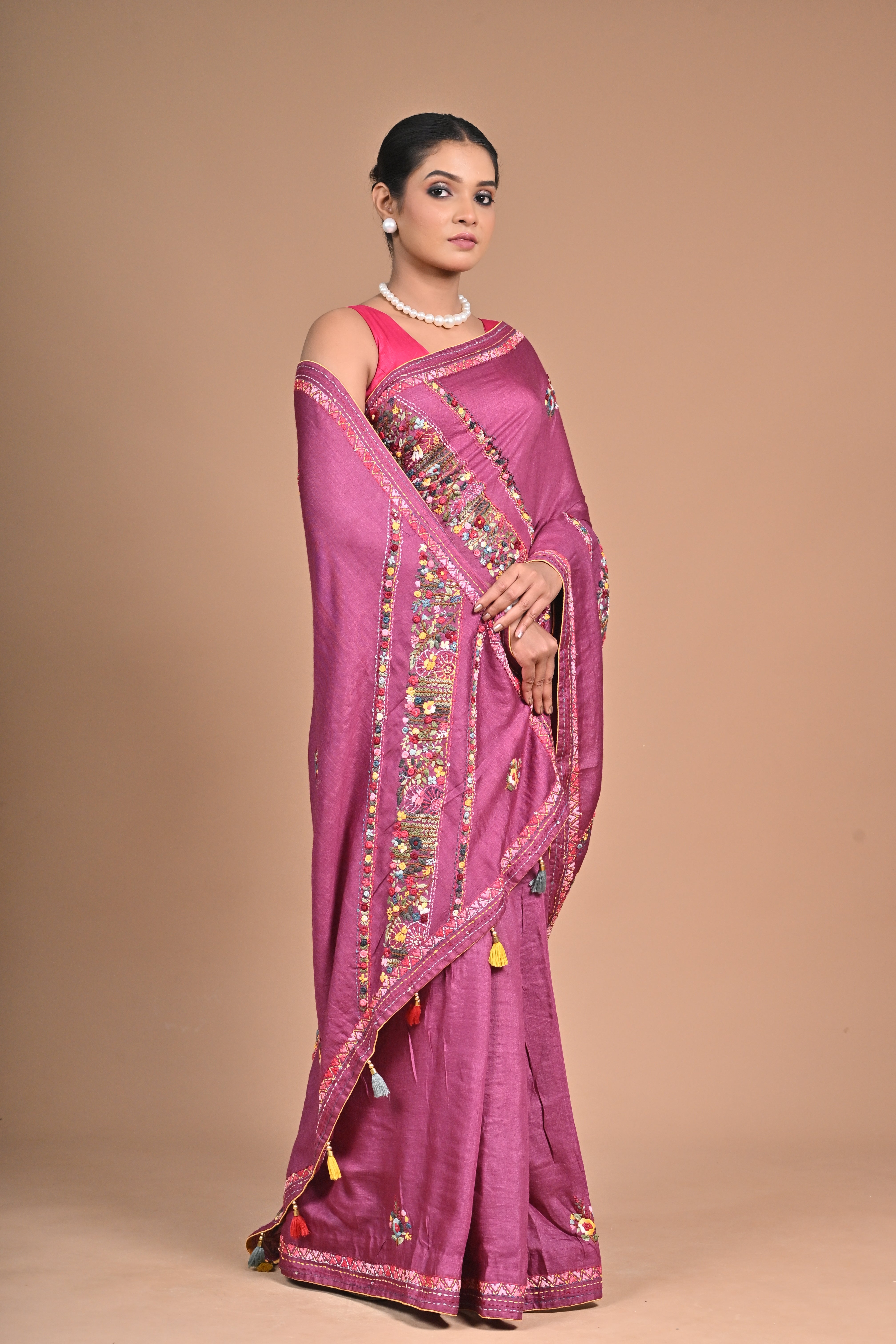 Royal Orchid Hand-Embroidered Tussar Silk Saree