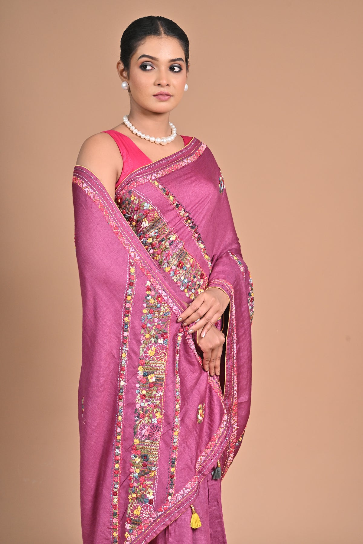 Royal Orchid Hand-Embroidered Tussar Silk Saree