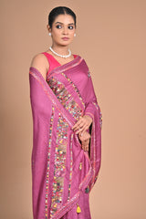 Royal Orchid Hand-Embroidered Tussar Silk Saree