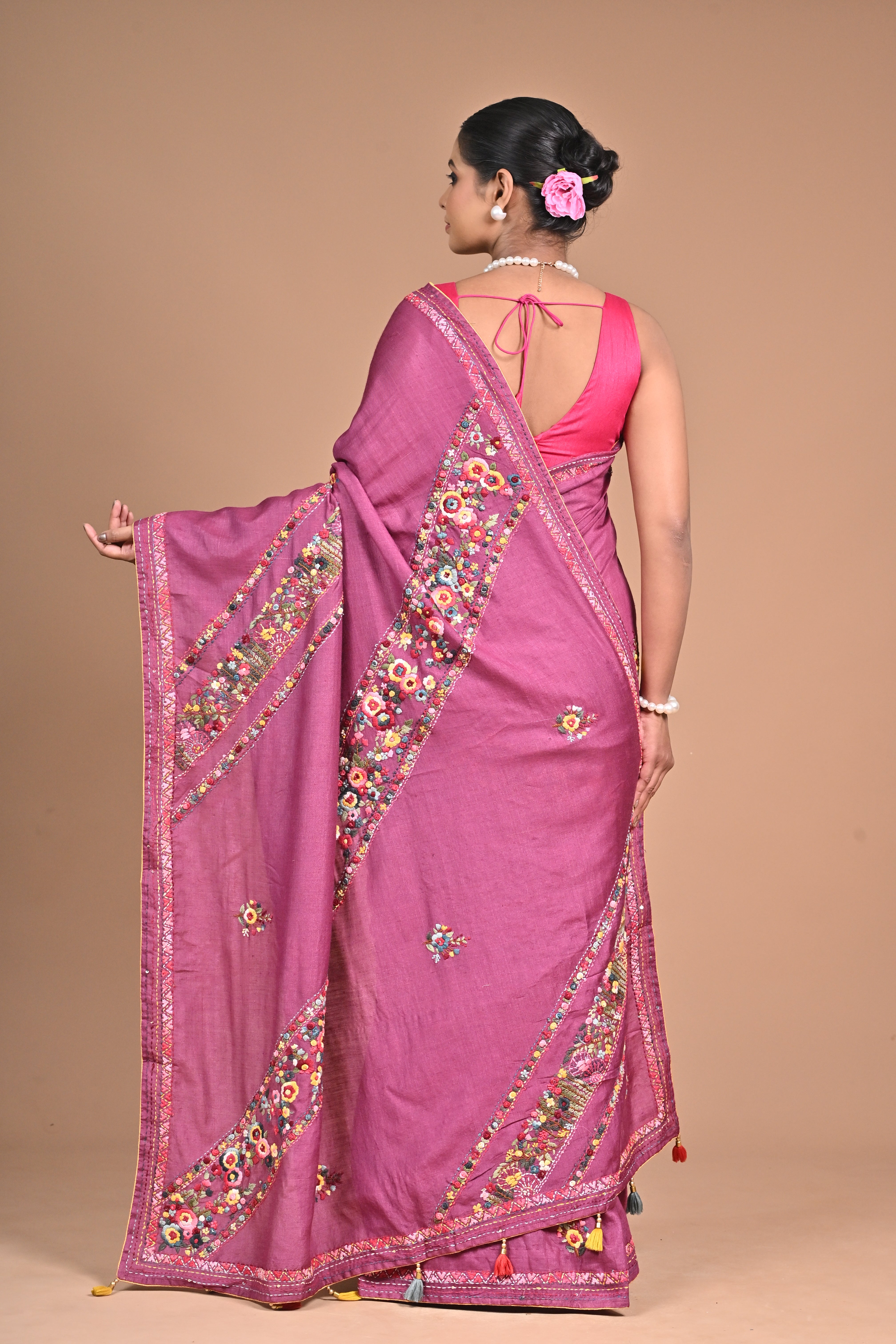 Royal Orchid Hand-Embroidered Tussar Silk Saree