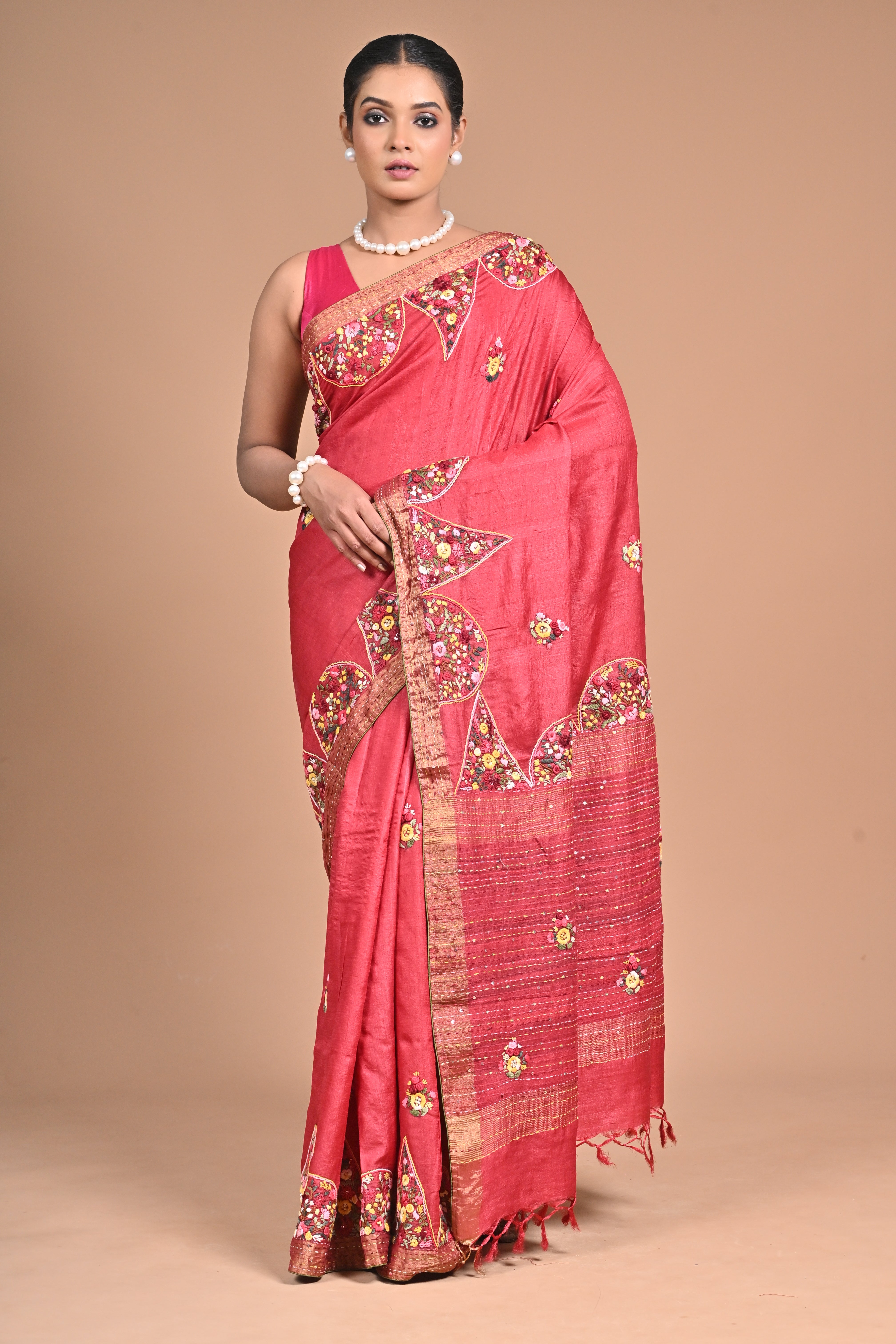 Royal Orchid Hand-Embroidered Tussar Silk Saree