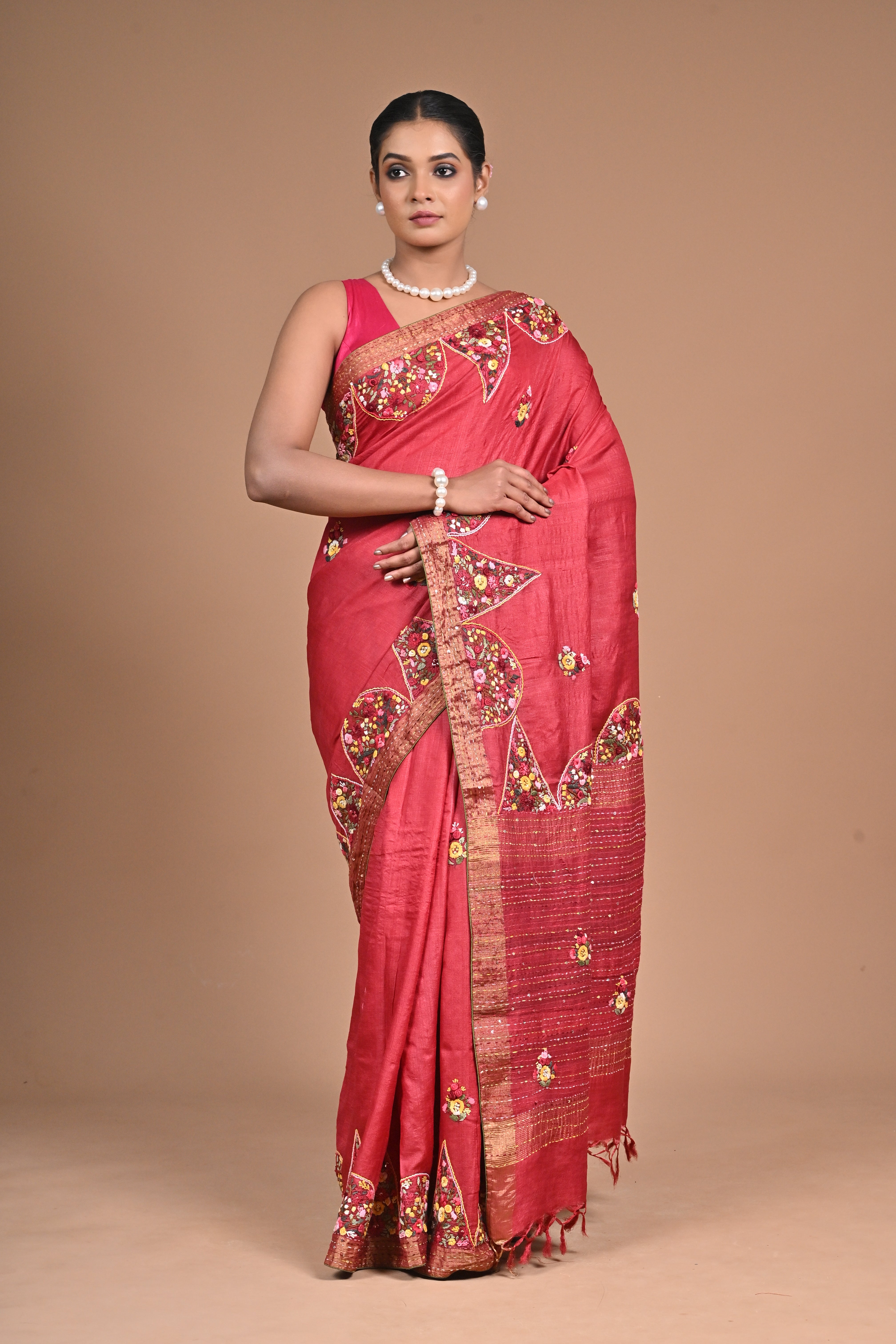 Royal Orchid Hand-Embroidered Tussar Silk Saree