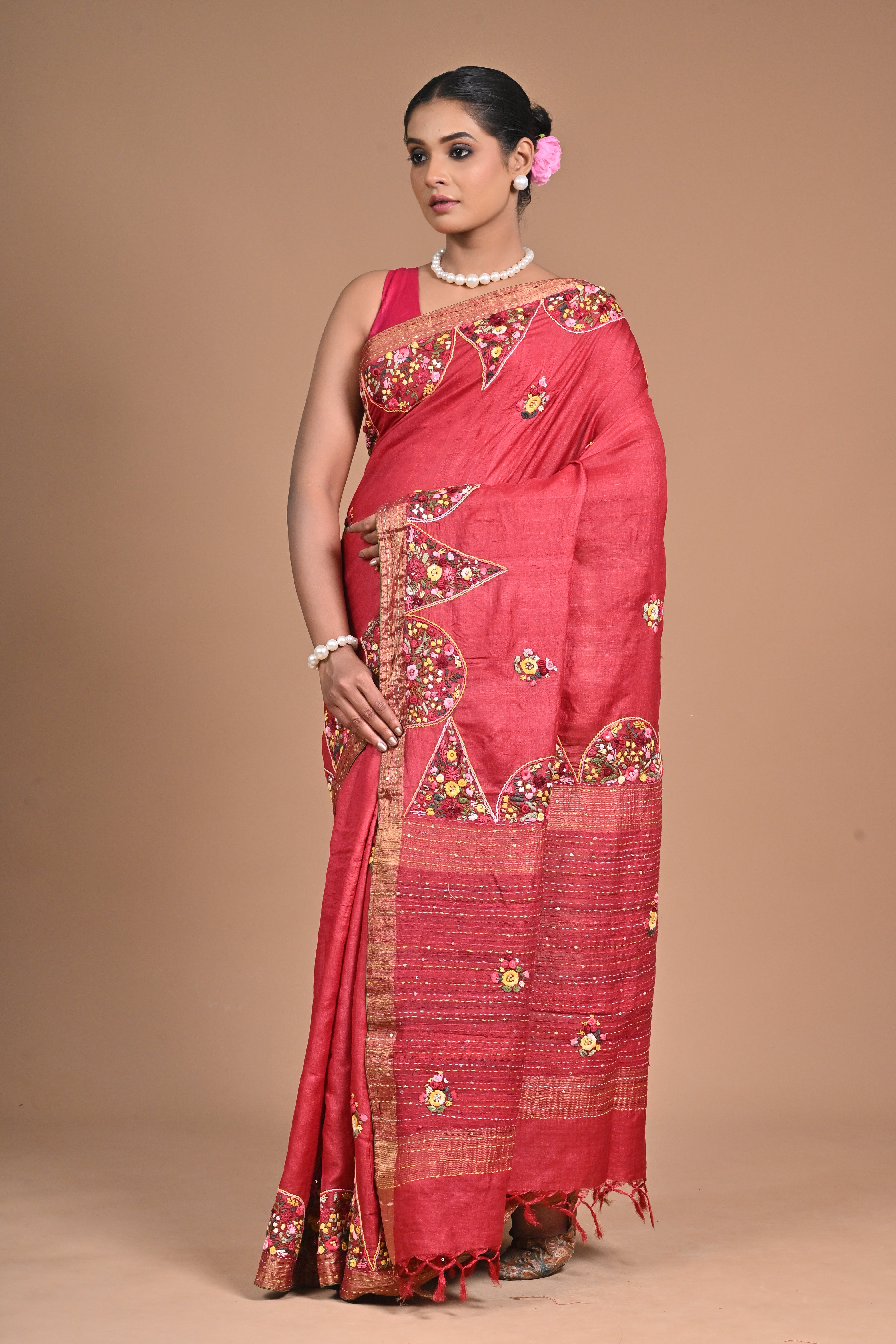 Royal Orchid Hand-Embroidered Tussar Silk Saree