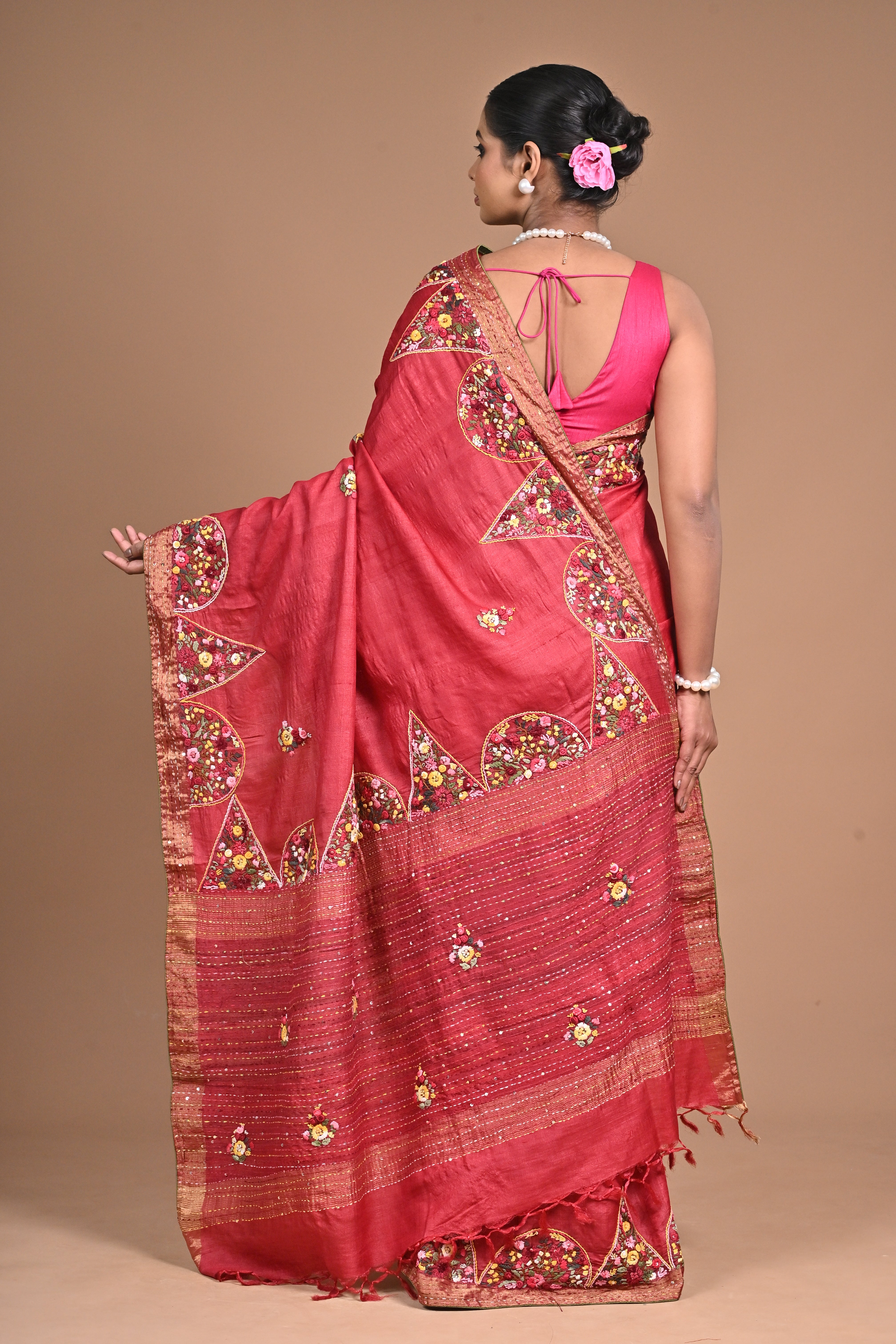 Royal Orchid Hand-Embroidered Tussar Silk Saree