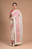 Ivory Blossom Hand-Embroidered Tussar Silk Saree